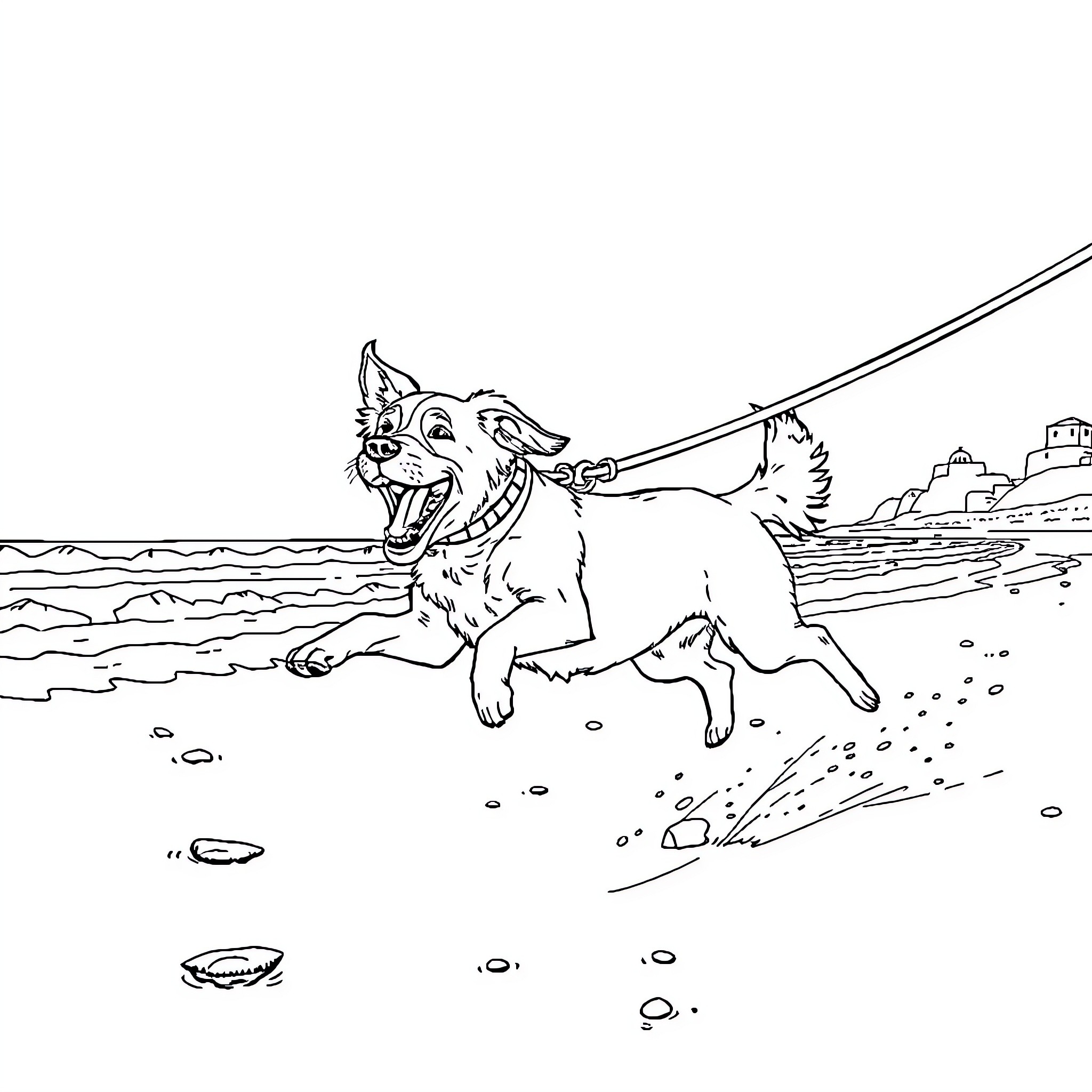 Dog running enthusiastically on the beach Coloring Page (free black-and-white line drawing printable PDF for all, from beginners to advanced learners, including children, teens, adults, and seniors)