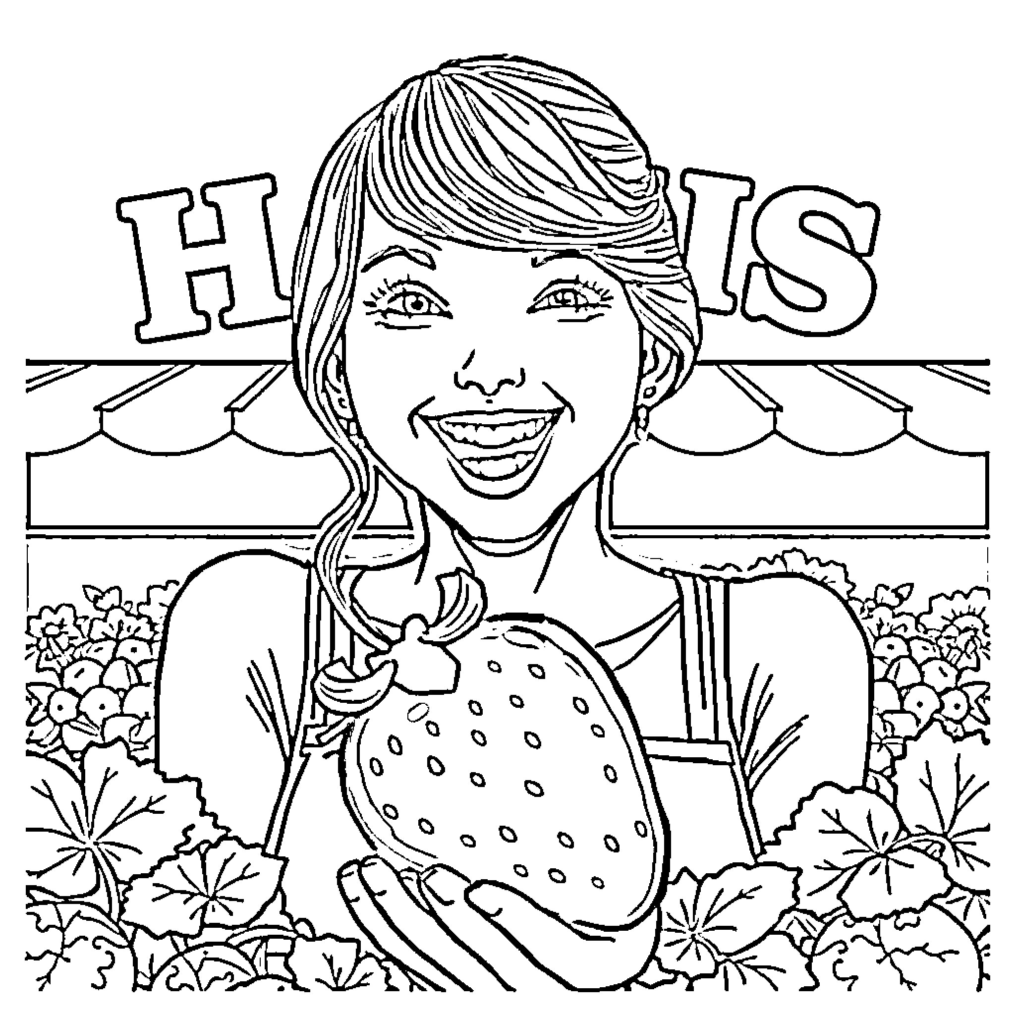 Taylor Swift smiling happily at her fans in front of a carnival backdrop Coloring Page (free black-and-white line drawing printable PDF for all, from beginners to advanced learners, including children, teens, adults, and seniors)
