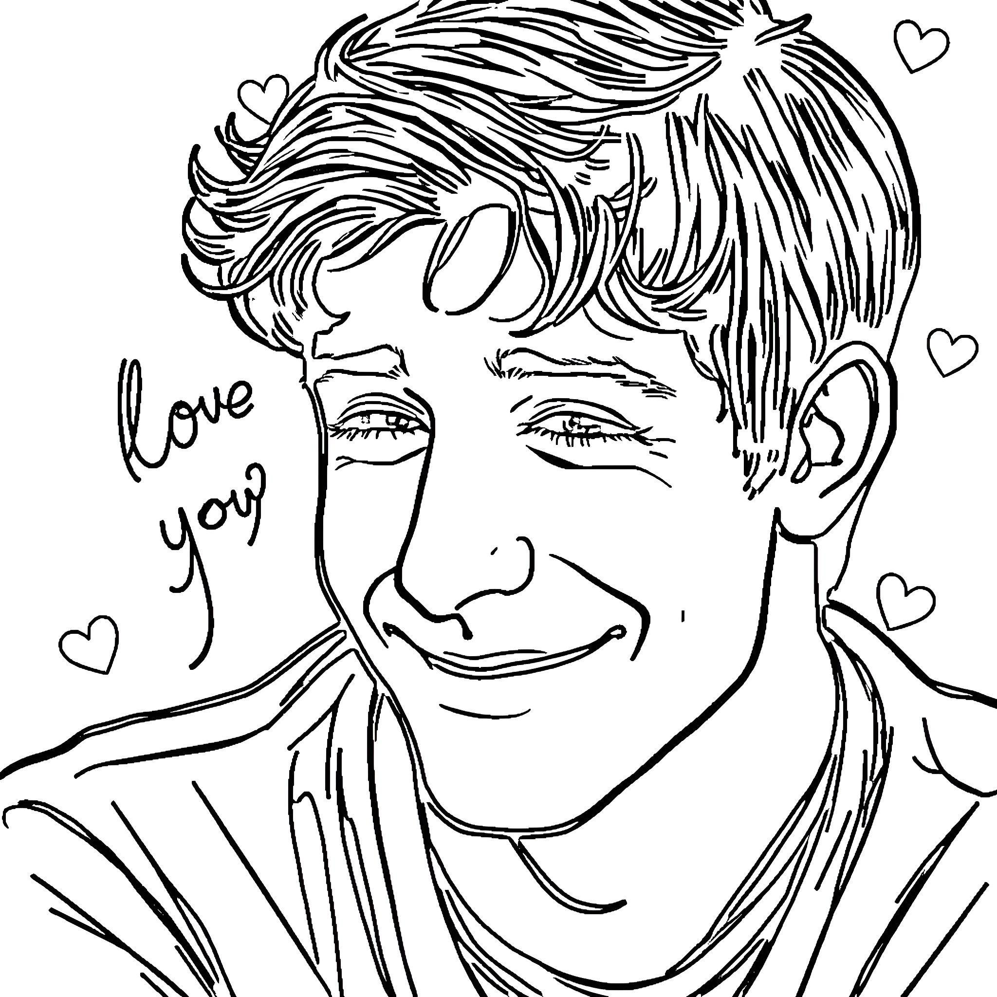 Tom Holland expressing affection with a smile Coloring Page (free black-and-white line drawing printable PDF for all, from beginners to advanced learners, including children, teens, adults, and seniors)