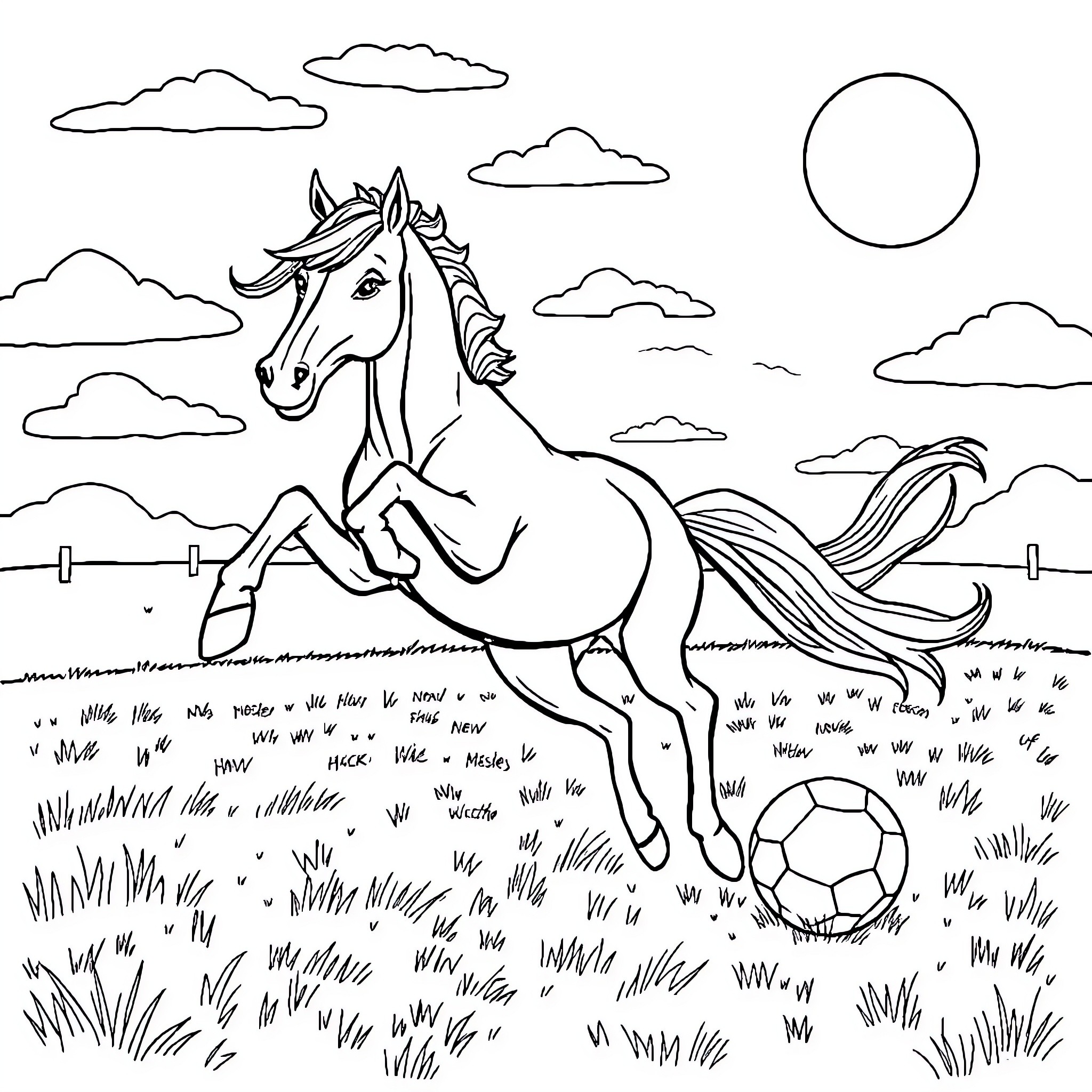 Horse galloping playfully with a soccer ball in the field Coloring Page (free black-and-white line drawing printable PDF for all, from beginners to advanced learners, including children, teens, adults, and seniors)