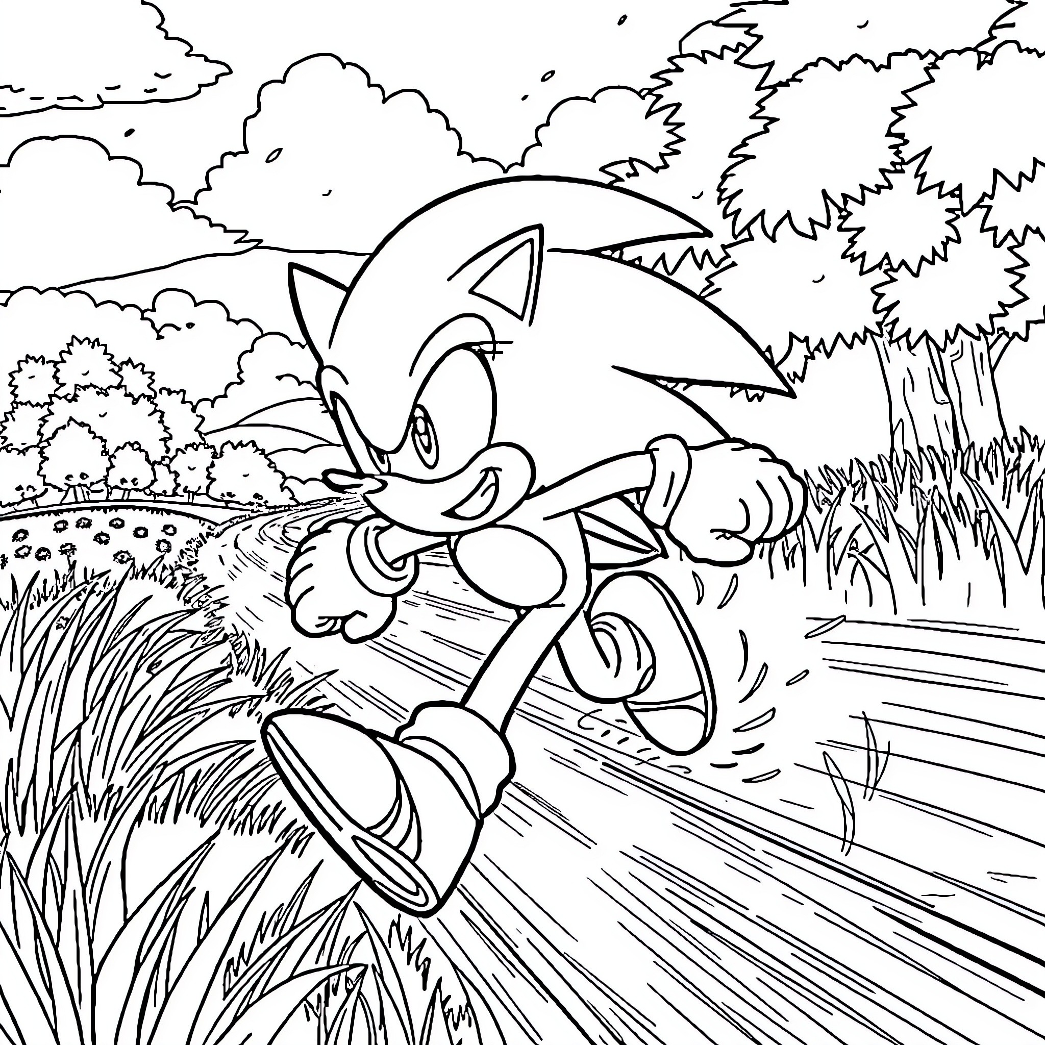 Sonic running through the scenic forest Coloring Page (free black-and-white line drawing printable PDF for all, from beginners to advanced learners, including children, teens, adults, and seniors)