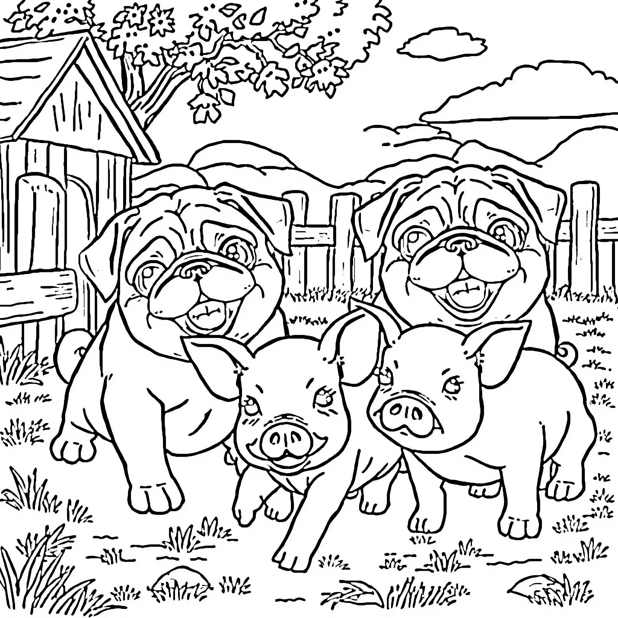 Pug dogs and piglets playing in the farm yard Coloring Page (free black-and-white line drawing printable PDF for all, from beginners to advanced learners, including children, teens, adults, and seniors)