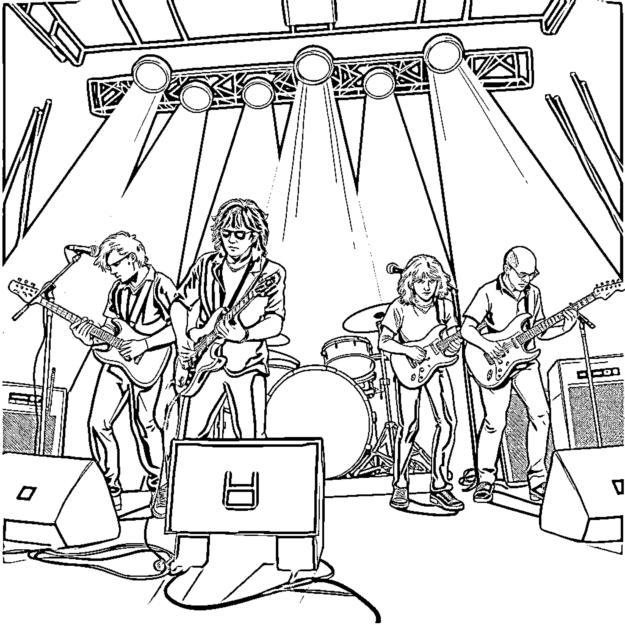 Band performing on stage with musical instruments Coloring Page (free black-and-white line drawing printable PDF for all, from beginners to advanced learners, including children, teens, adults, and seniors)
