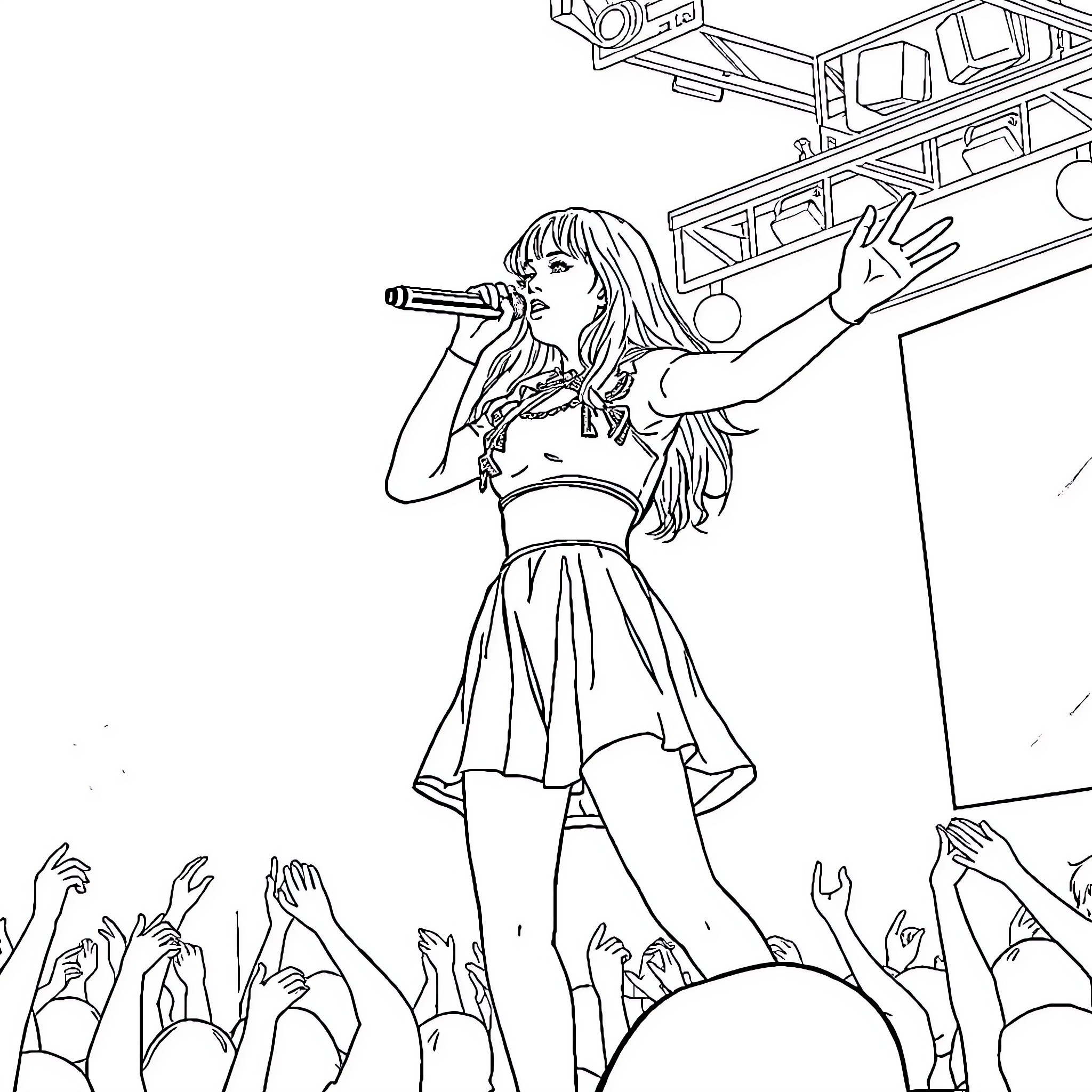 Lisa performing on stage with audience Coloring Page (free black-and-white line drawing printable PDF for all, from beginners to advanced learners, including children, teens, adults, and seniors)