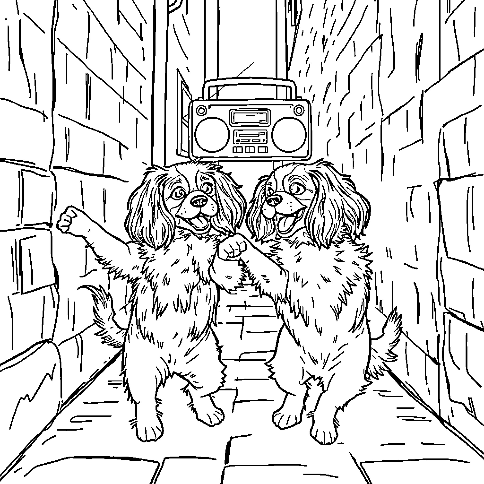Cavalier King Charles Spaniels dancing with boombox in alley Coloring Page (free black-and-white line drawing printable PDF for all, from beginners to advanced learners, including children, teens, adults, and seniors)