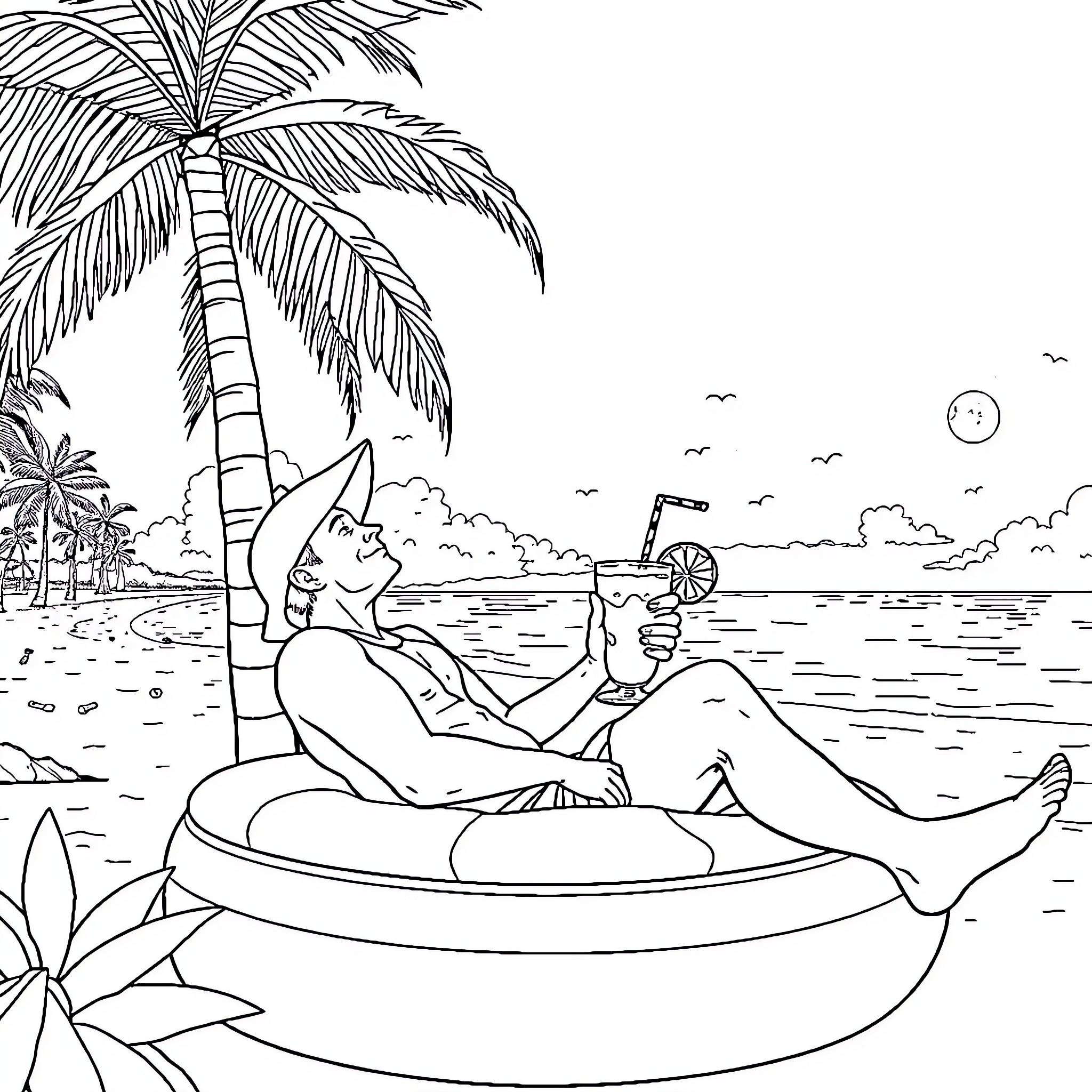 Barman relaxing on a tropical beach Coloring Page (free black-and-white line drawing printable PDF for all, from beginners to advanced learners, including children, teens, adults, and seniors)