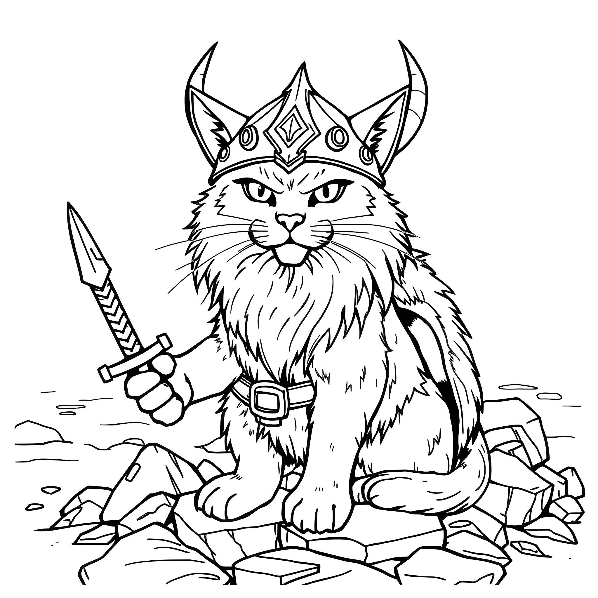 Cat warrior with crown and sword on rocky terrain Coloring Page (free black-and-white line drawing printable PDF for all, from beginners to advanced learners, including children, teens, adults, and seniors)