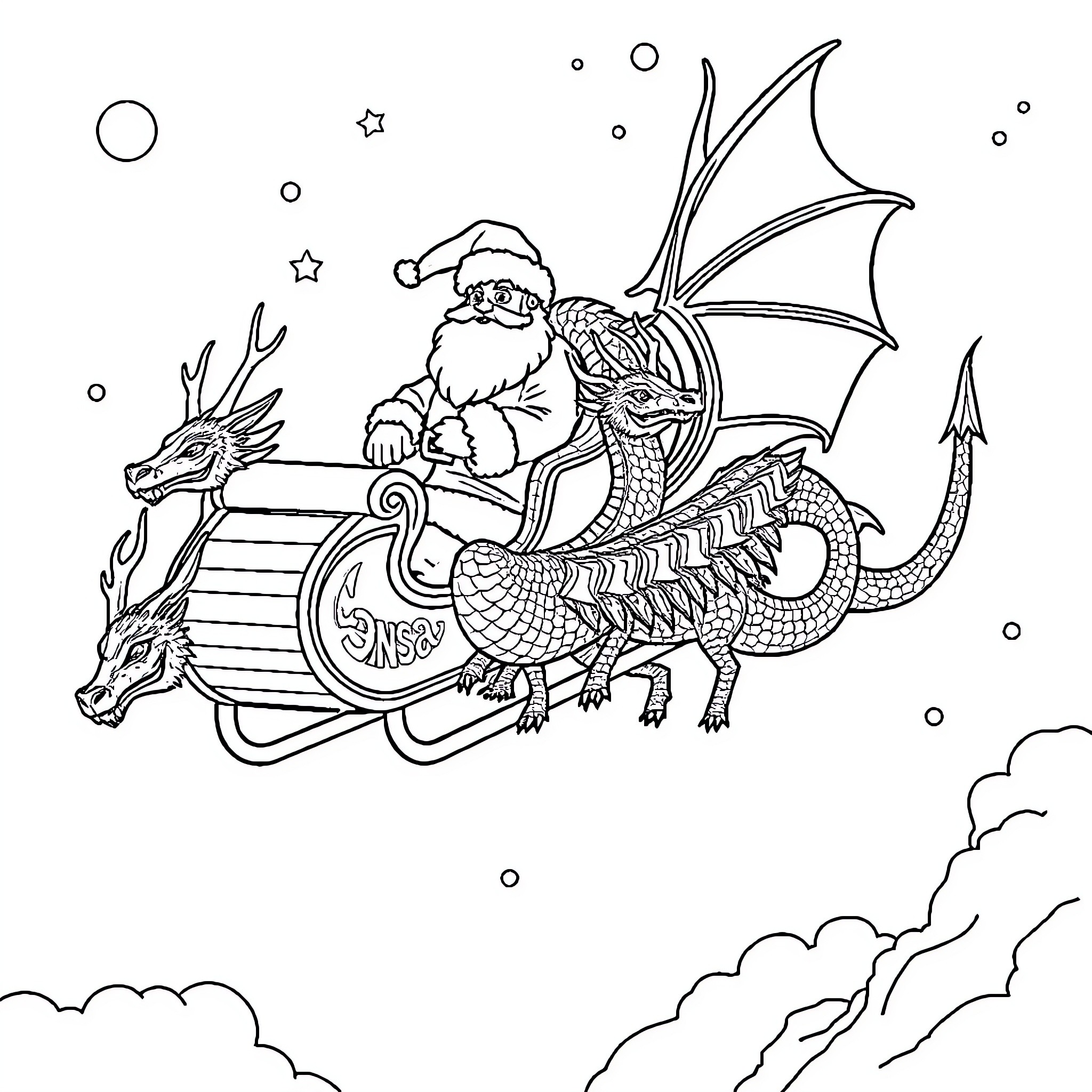 Sleigh Ride with Santa and Dragon Coloring Page (free black-and-white line drawing printable PDF for all, from beginners to advanced learners, including children, teens, adults, and seniors)