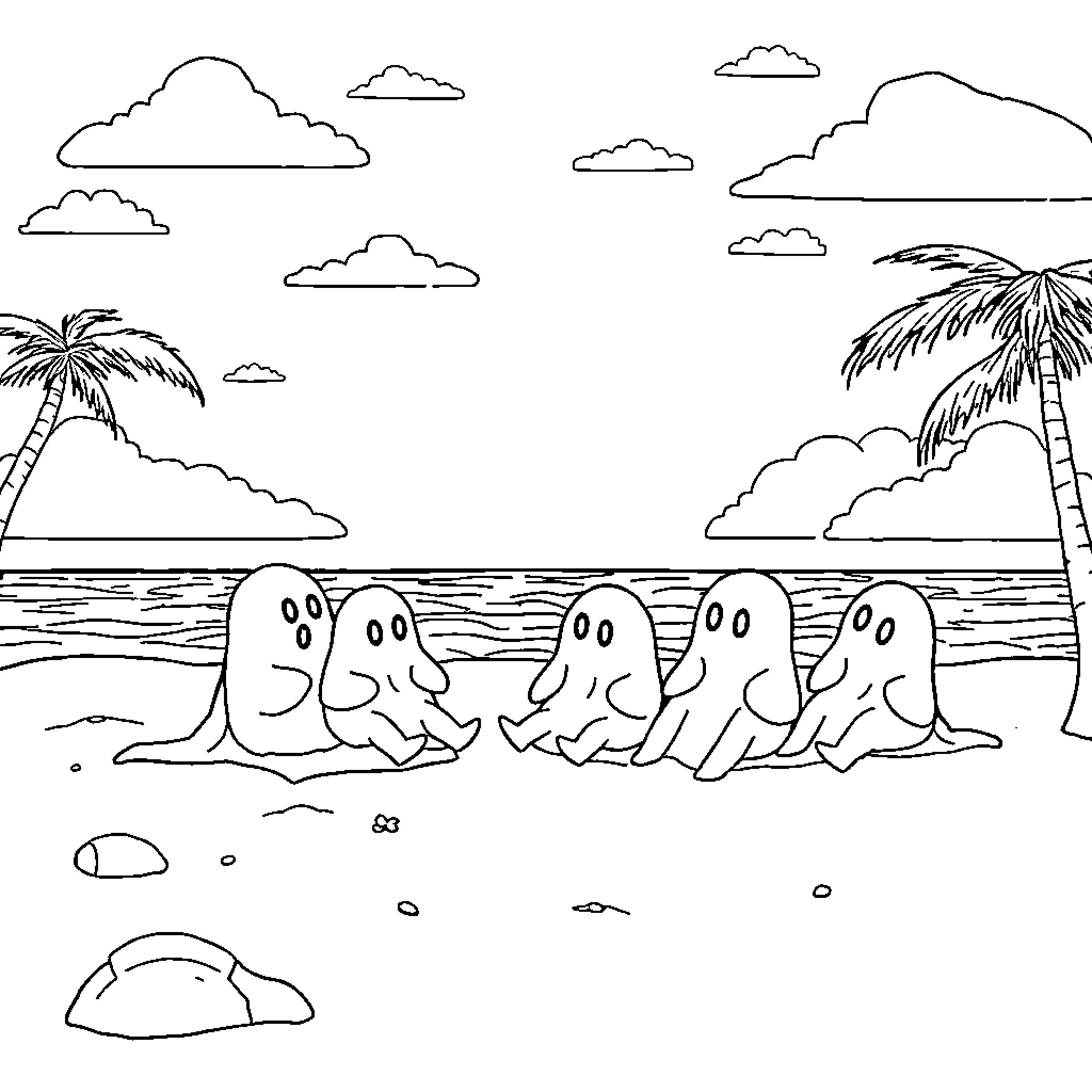 Ghost figures playing on a tropical beach Coloring Page (free black-and-white line drawing printable PDF for all, from beginners to advanced learners, including children, teens, adults, and seniors)