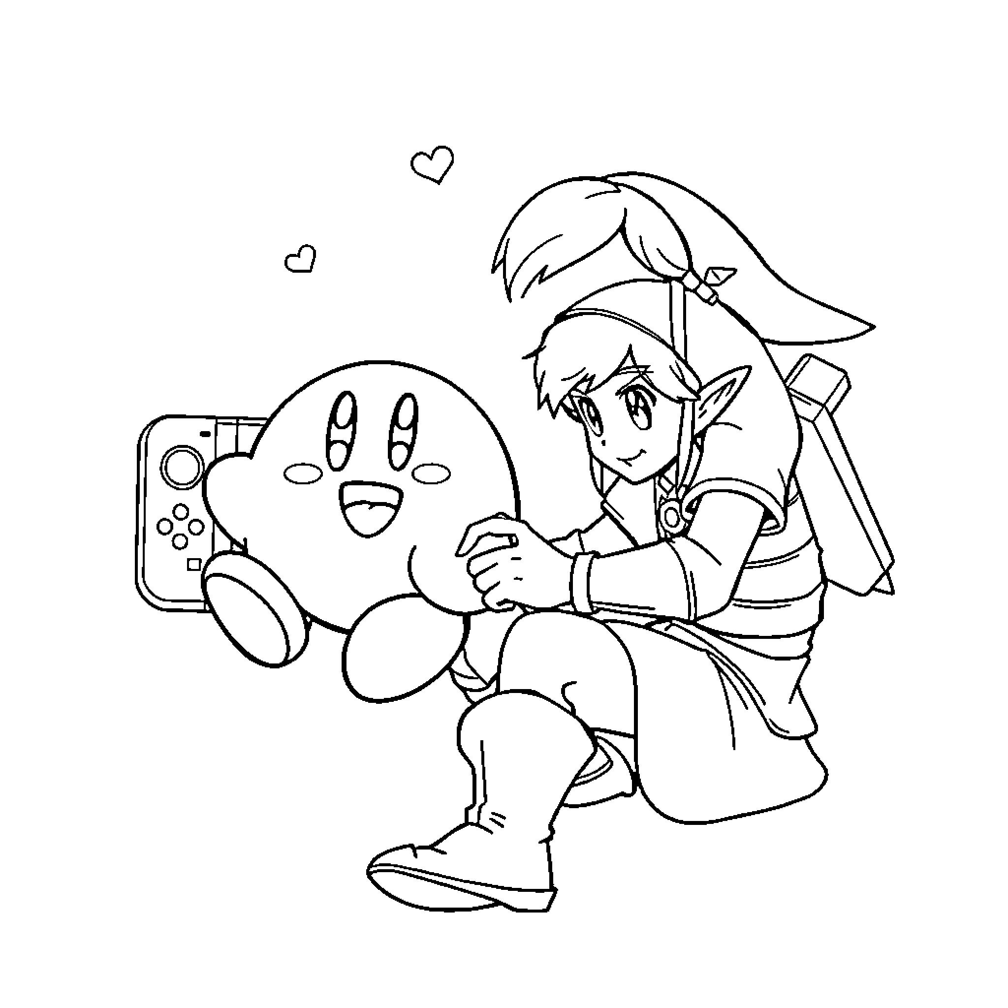 Kirby and Friend Enjoying Video Game Together Coloring Page (free black-and-white line drawing printable PDF for all, from beginners to advanced learners, including children, teens, adults, and seniors)