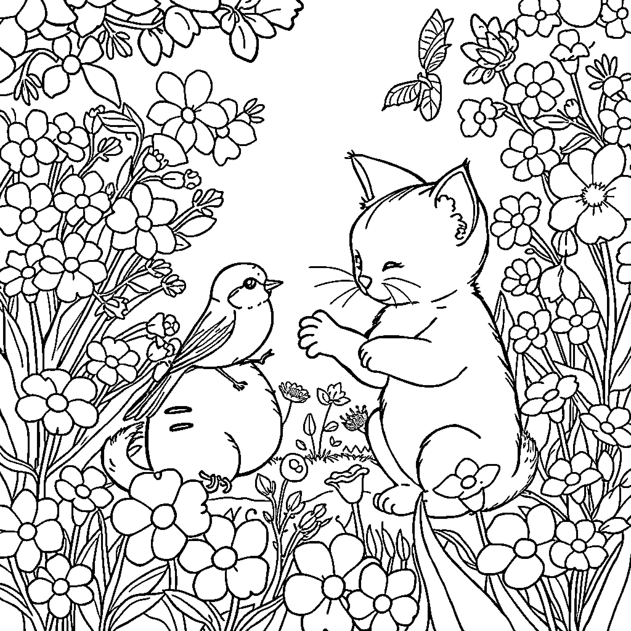 Chat about pets and flowers in the garden Coloring Page (free black-and-white line drawing printable PDF for all, from beginners to advanced learners, including children, teens, adults, and seniors)