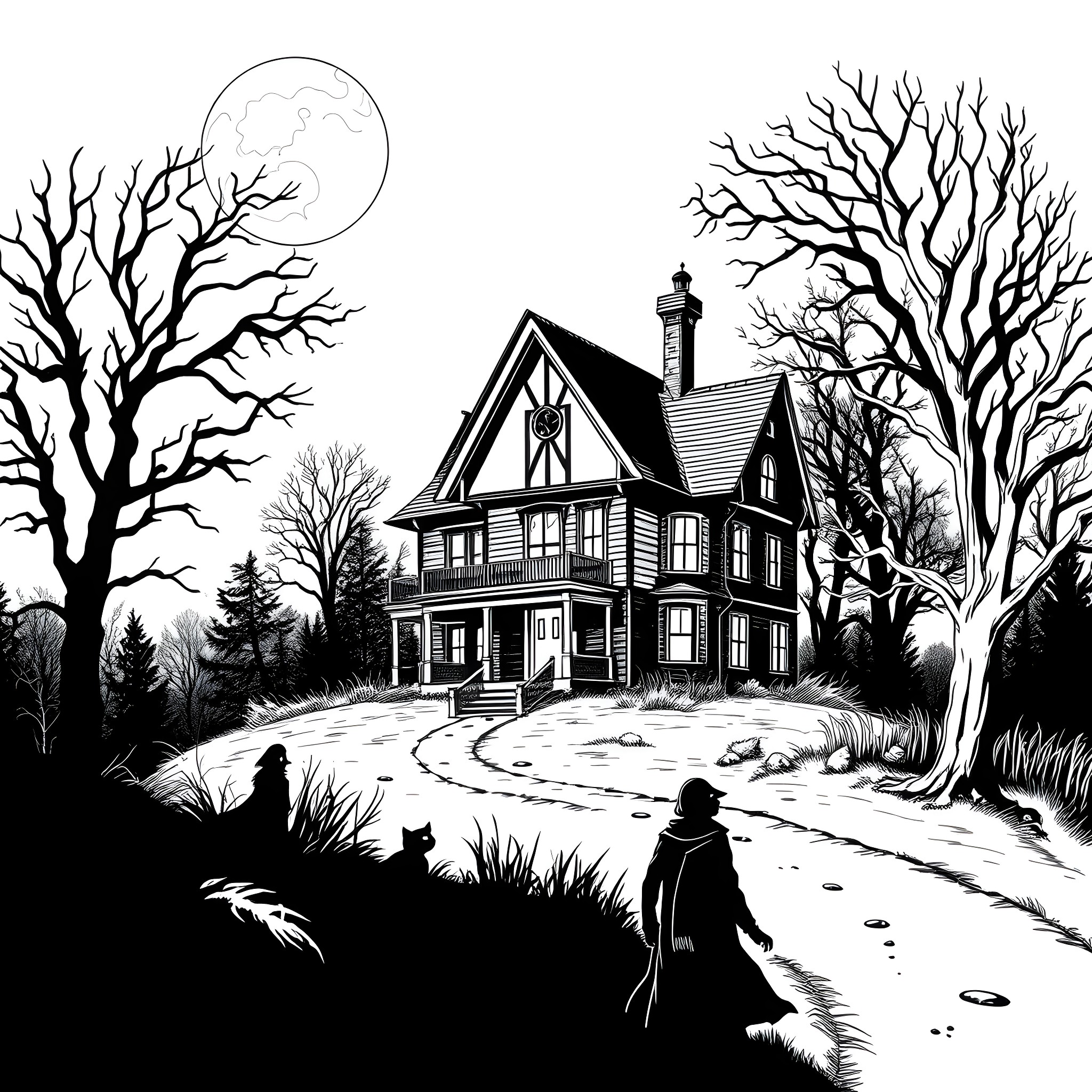 Goosebumps: Haunting Mansion in the Moonlight Coloring Page (free black-and-white line drawing printable PDF for all, from beginners to advanced learners, including children, teens, adults, and seniors)