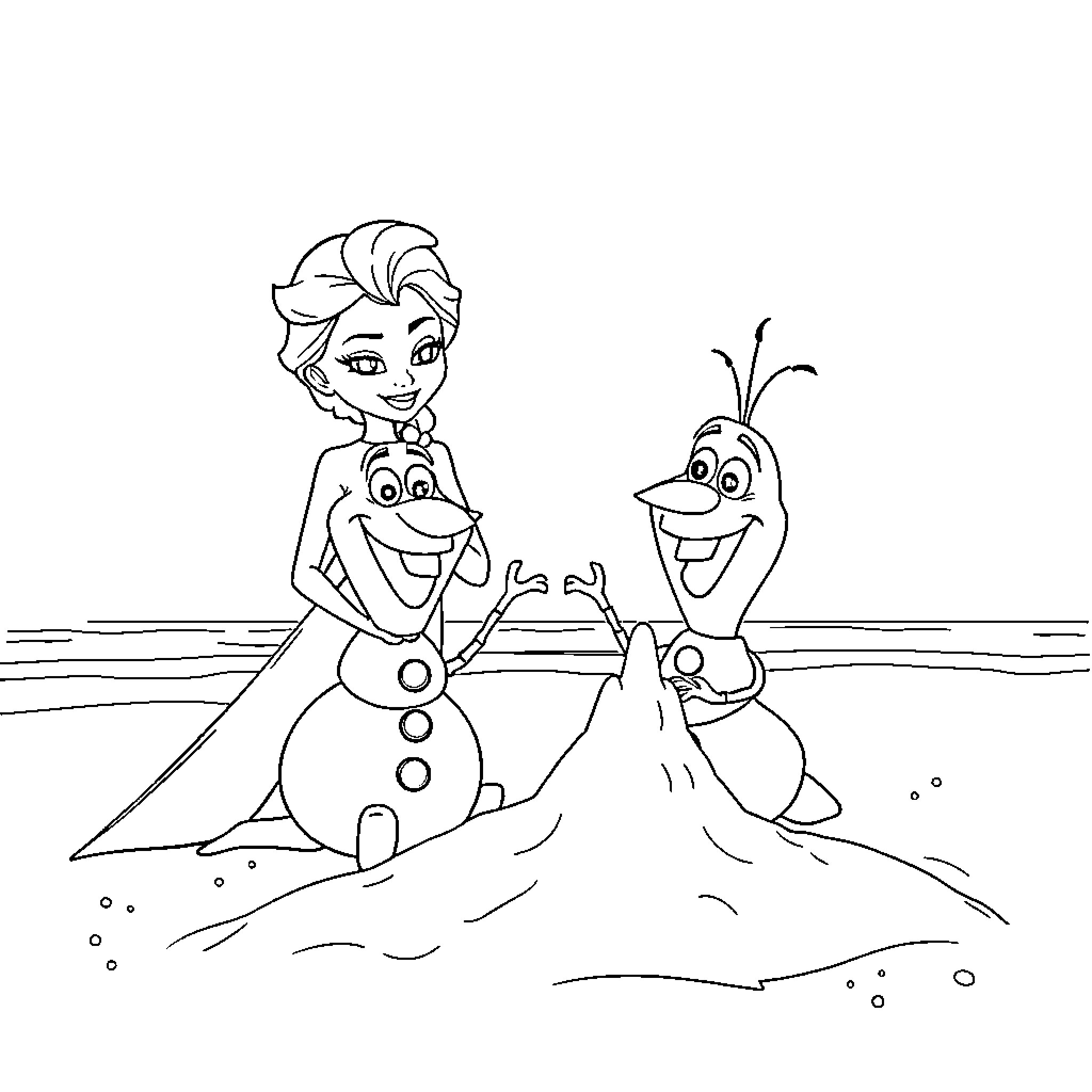Elsa and Olaf Build a Snowy Snowman Coloring Page (free black-and-white line drawing printable PDF for all, from beginners to advanced learners, including children, teens, adults, and seniors)