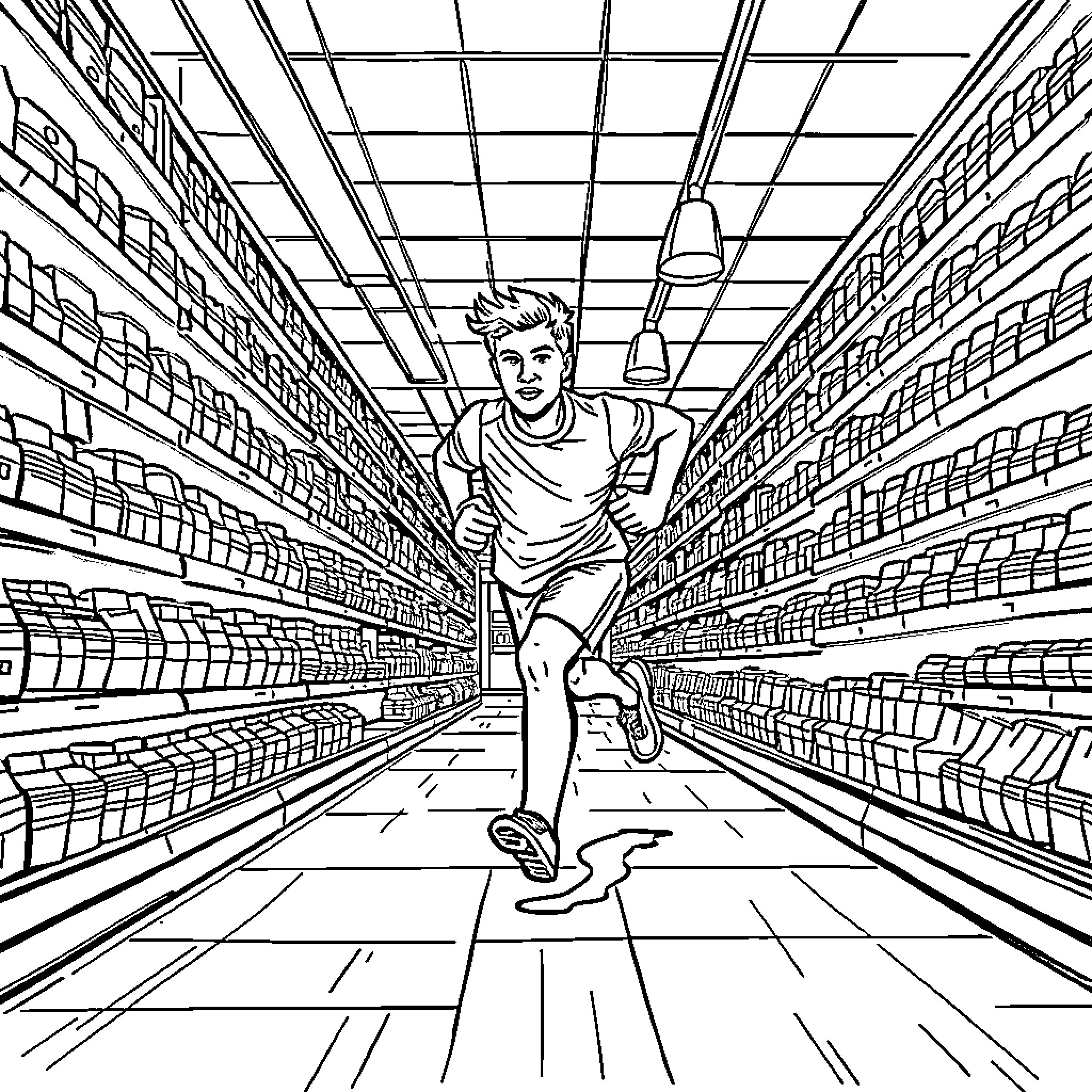 Runner dashing through a supermarket aisle Coloring Page (free black-and-white line drawing printable PDF for all, from beginners to advanced learners, including children, teens, adults, and seniors)