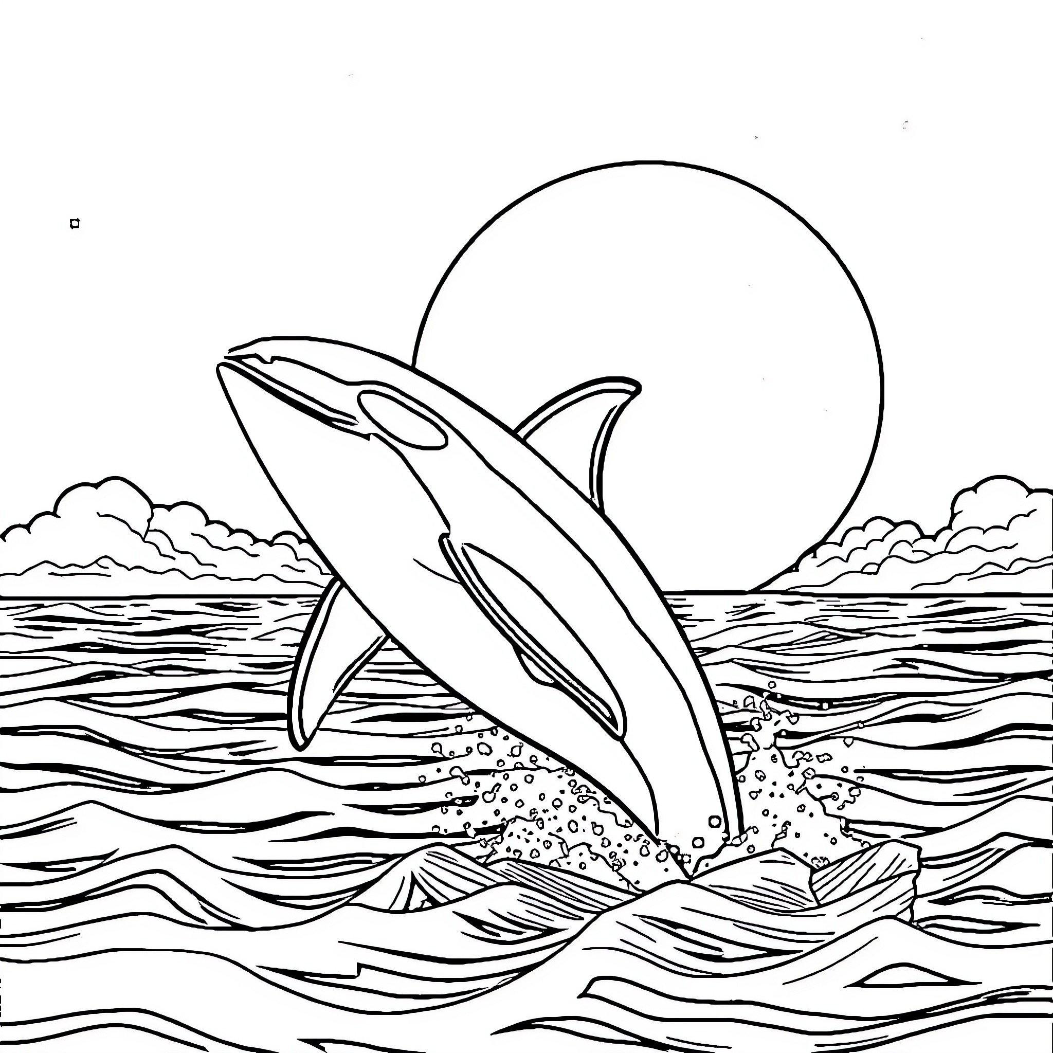 Killer Whale jumping out of the ocean Coloring Page (free black-and-white line drawing printable PDF for all, from beginners to advanced learners, including children, teens, adults, and seniors)