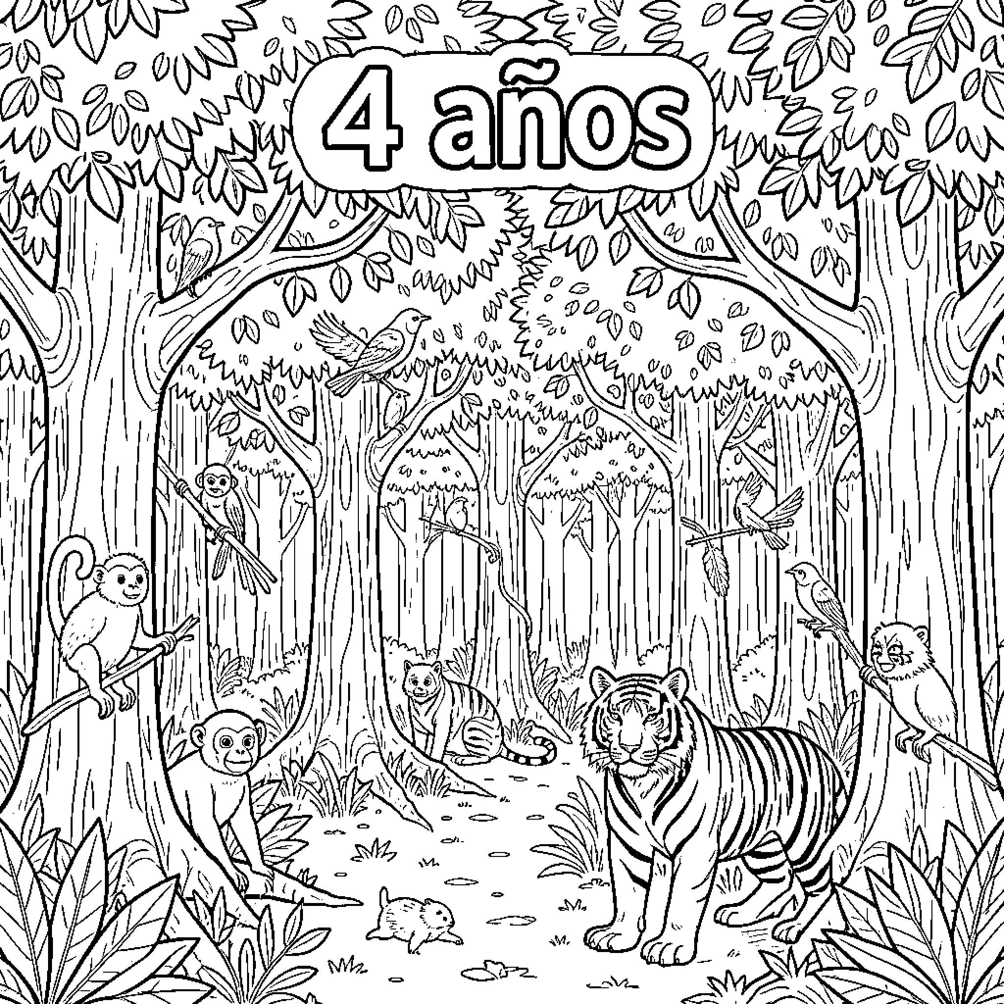 Jungle animals living peacefully among tall trees Coloring Page (free black-and-white line drawing printable PDF for all, from beginners to advanced learners, including children, teens, adults, and seniors)