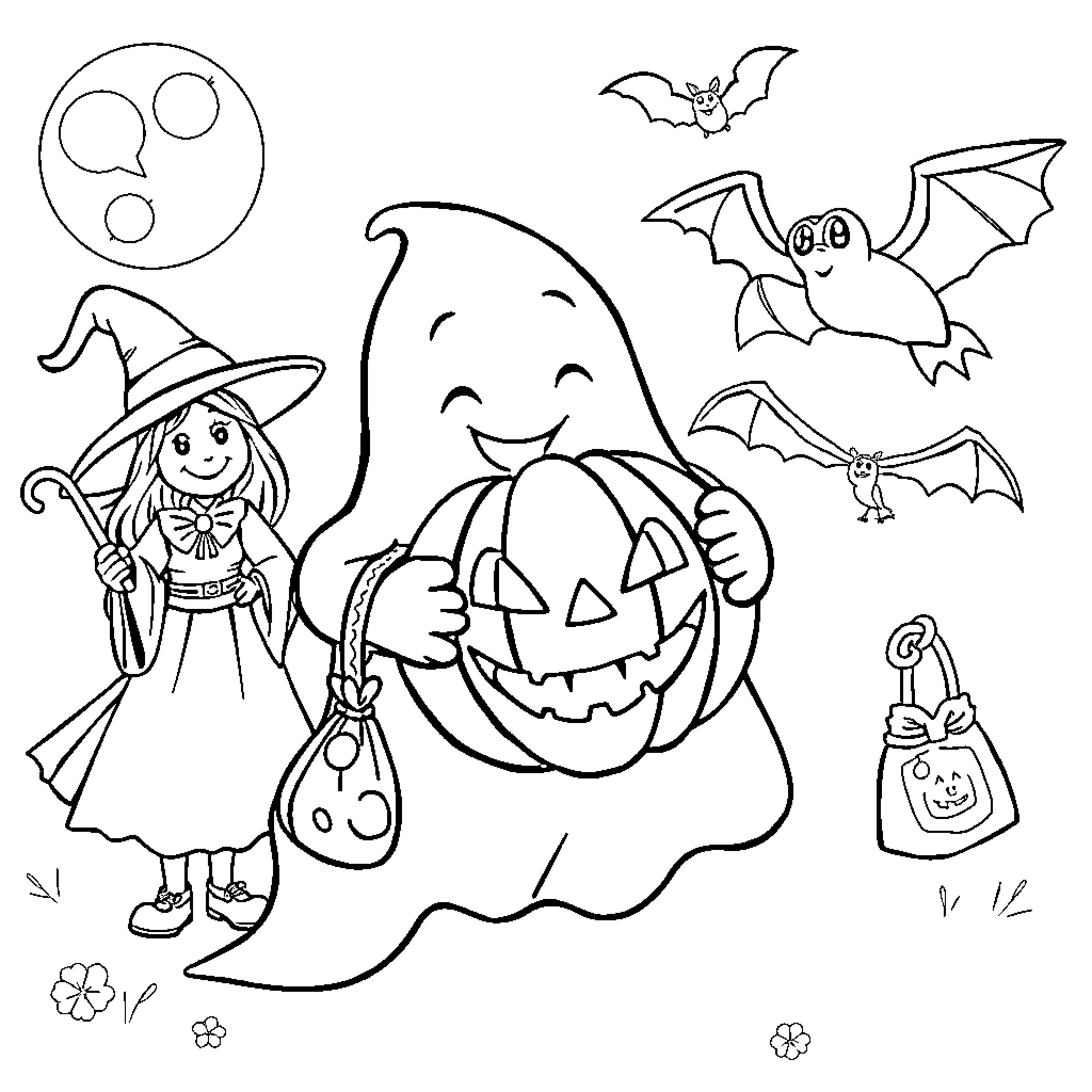 Ghost characters in Halloween costumes and accessories Coloring Page (free black-and-white line drawing printable PDF for all, from beginners to advanced learners, including children, teens, adults, and seniors)