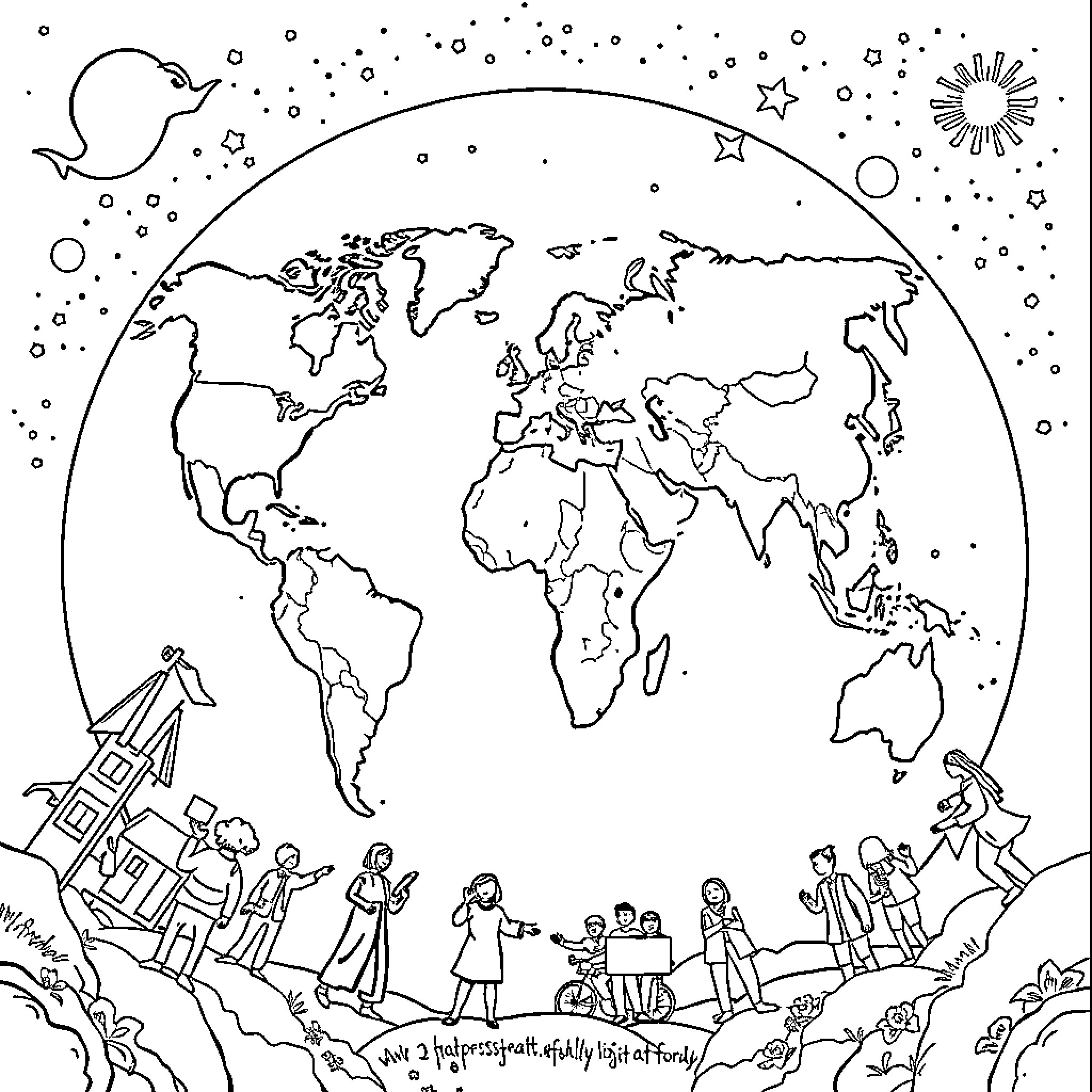 Peace around the world with diverse people Coloring Page (free black-and-white line drawing printable PDF for all, from beginners to advanced learners, including children, teens, adults, and seniors)