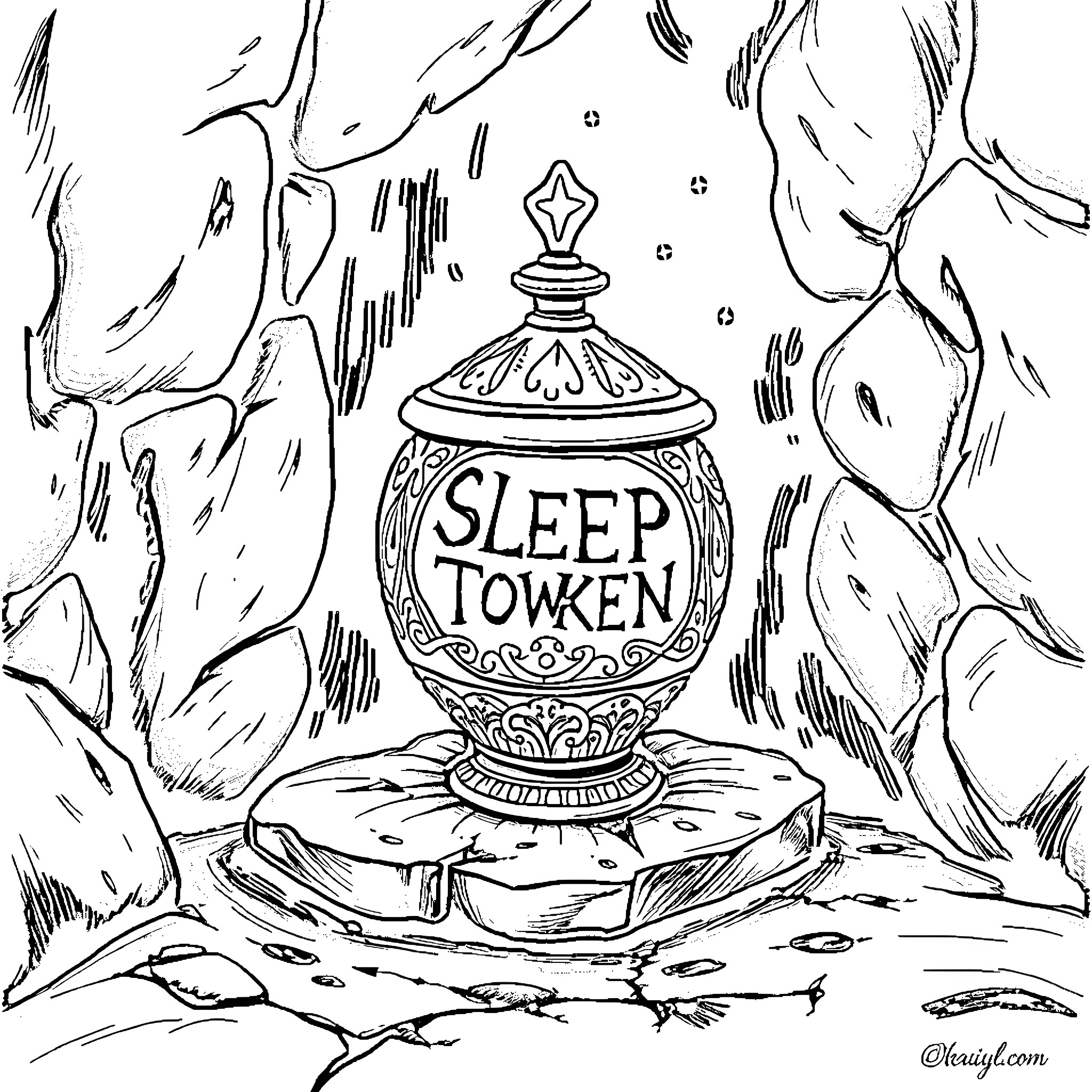 Vessel Containing Sleep Token in Enchanted Woods Coloring Page (free black-and-white line drawing printable PDF for all, from beginners to advanced learners, including children, teens, adults, and seniors)