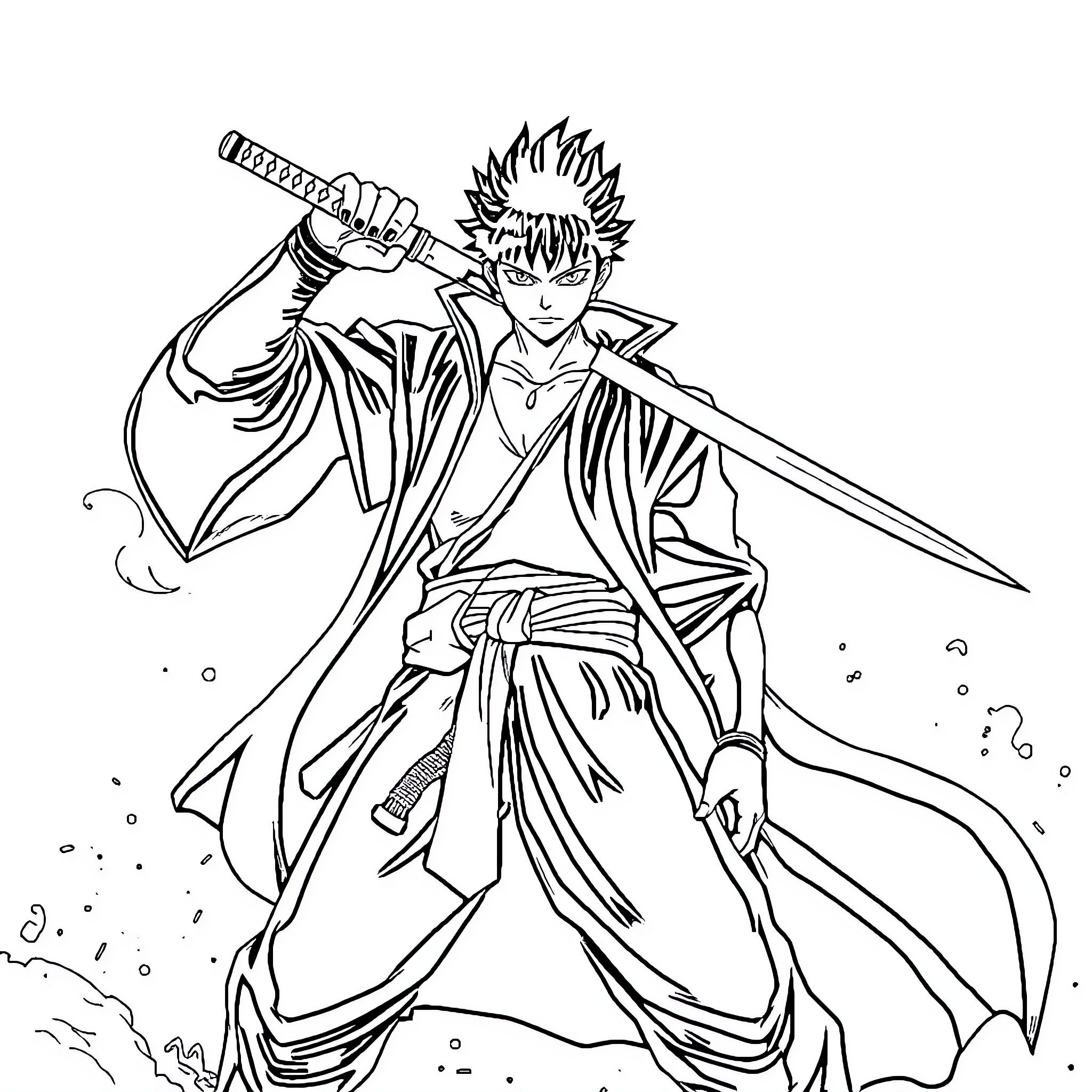 Zoro Wielding Sword in Dramatic Pose Coloring Page (free black-and-white line drawing printable PDF for all, from beginners to advanced learners, including children, teens, adults, and seniors)