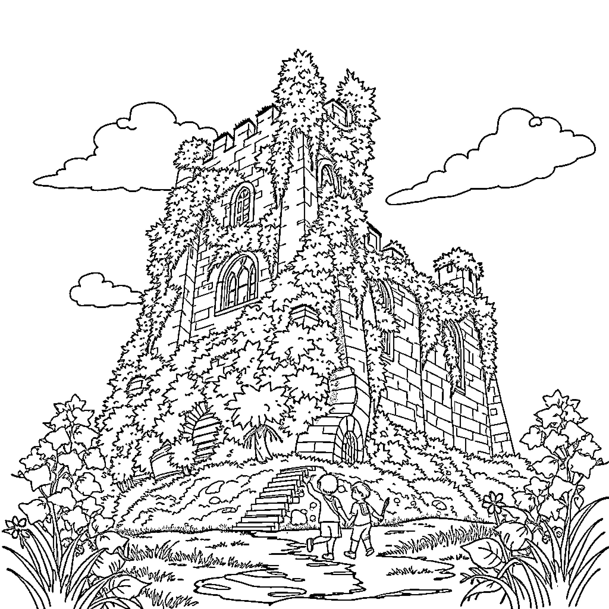 Castle Surrounded by Lush Foliage and Flowing Path Coloring Page (free black-and-white line drawing printable PDF for all, from beginners to advanced learners, including children, teens, adults, and seniors)