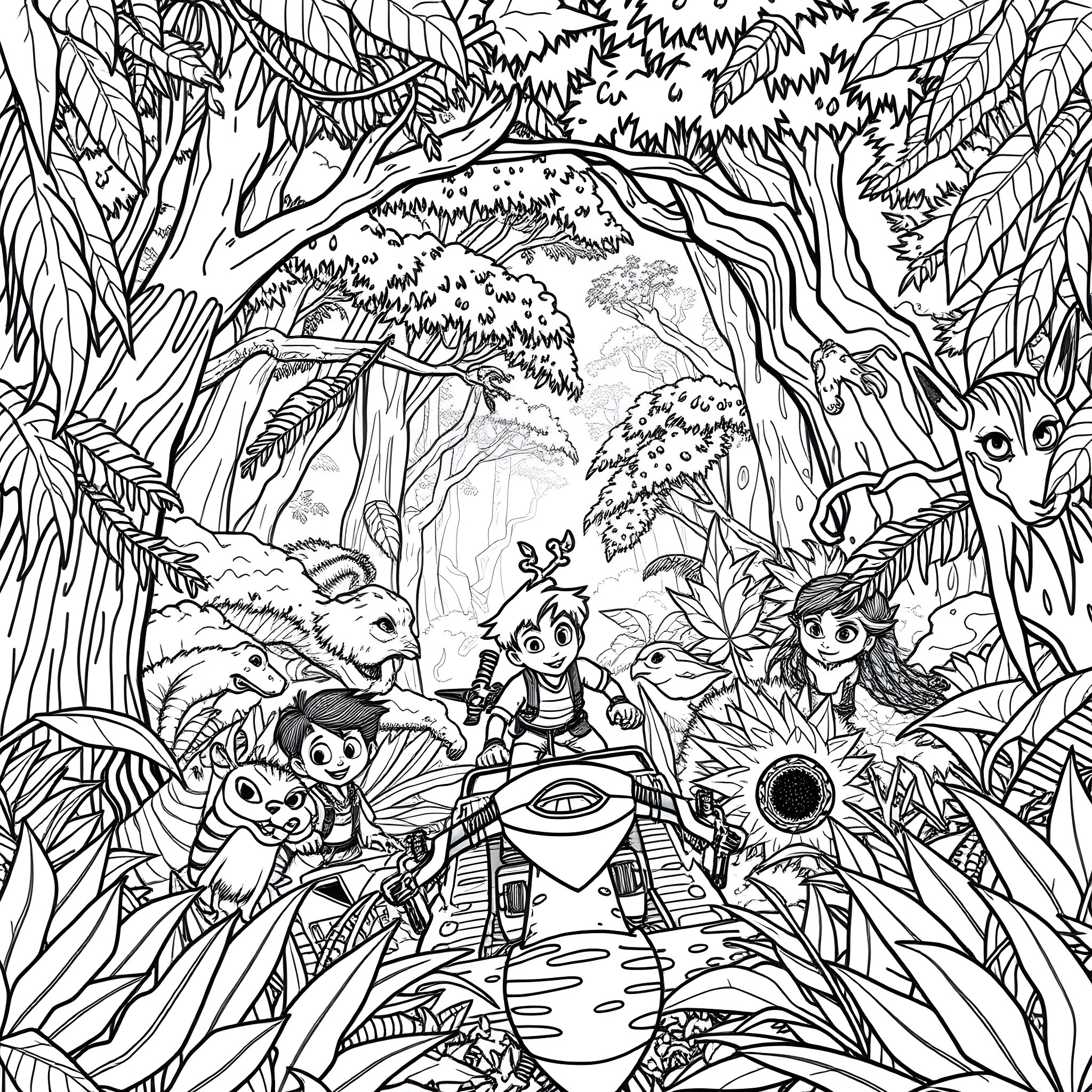 Kratts' Adventure in the Vibrant Wilderness Coloring Page (free black-and-white line drawing printable PDF for all, from beginners to advanced learners, including children, teens, adults, and seniors)