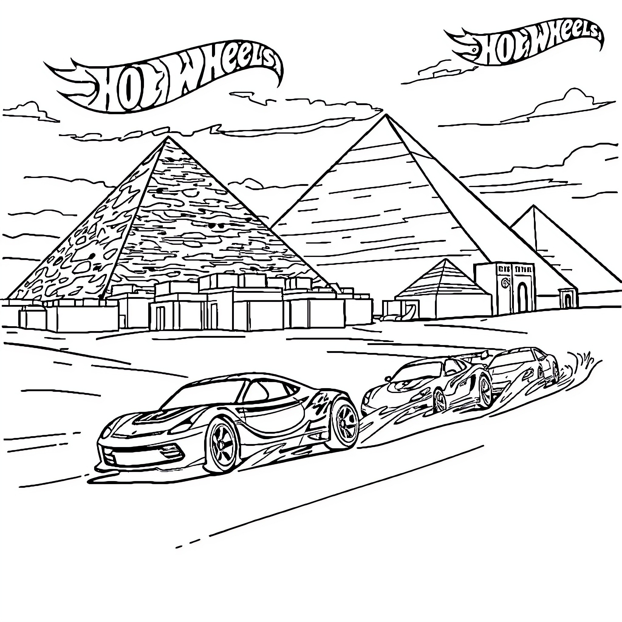 Hot Wheels racing through the desert pyramids Coloring Page (free black-and-white line drawing printable PDF for all, from beginners to advanced learners, including children, teens, adults, and seniors)