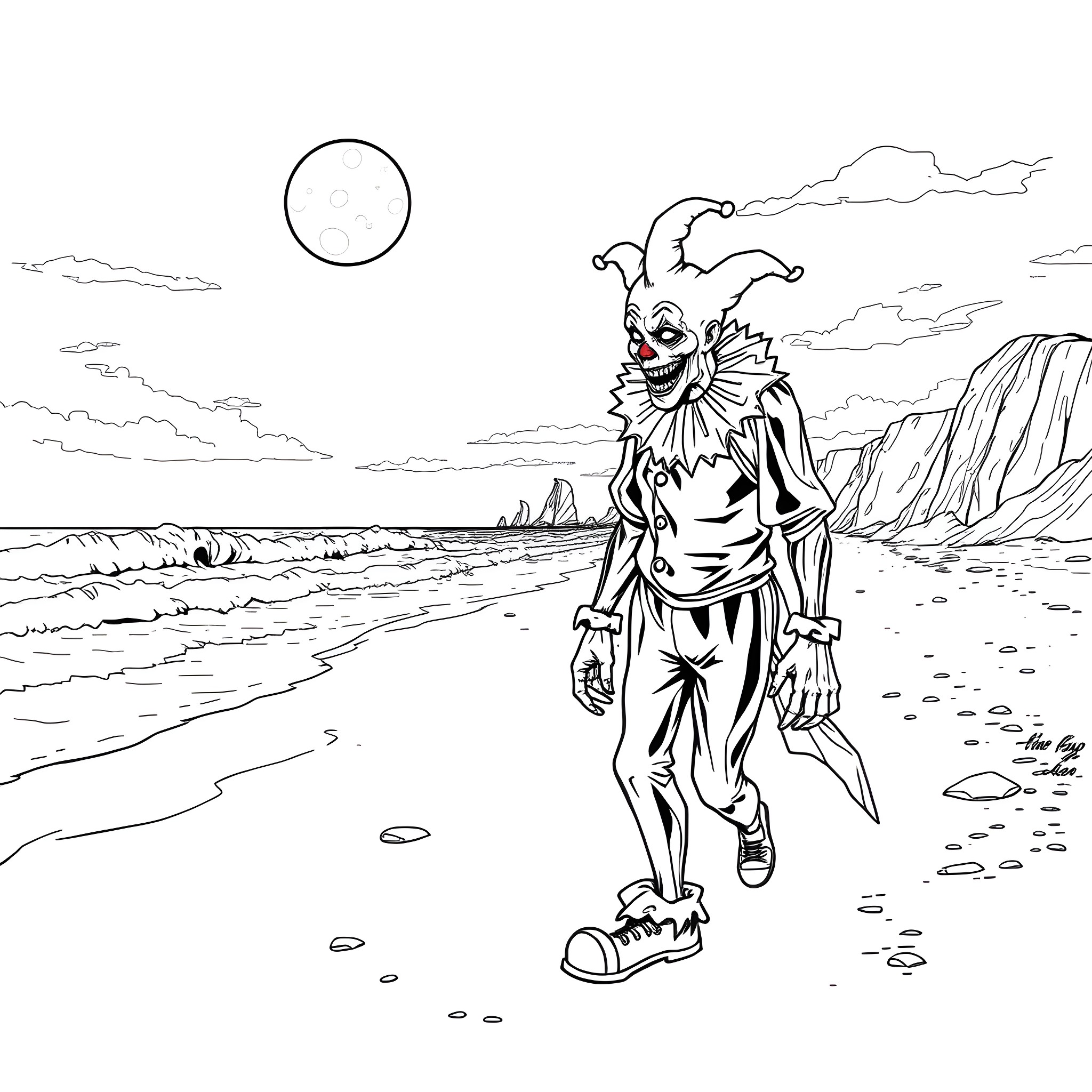 Zombie Jester Stalking the Beachfront Coloring Page (free black-and-white line drawing printable PDF for all, from beginners to advanced learners, including children, teens, adults, and seniors)