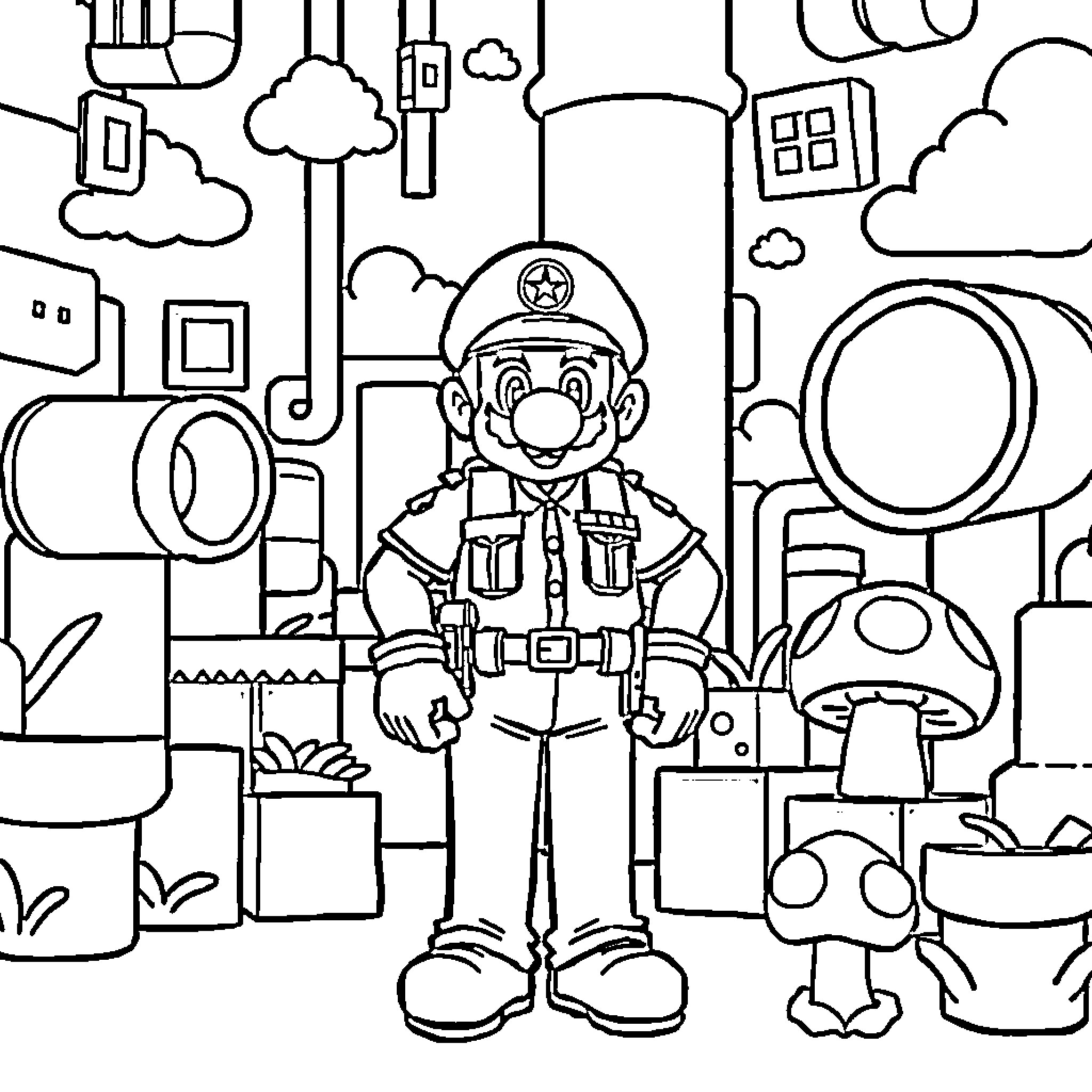 Police Officer in Whimsical Cartoon Town Coloring Page (free black-and-white line drawing printable PDF for all, from beginners to advanced learners, including children, teens, adults, and seniors)