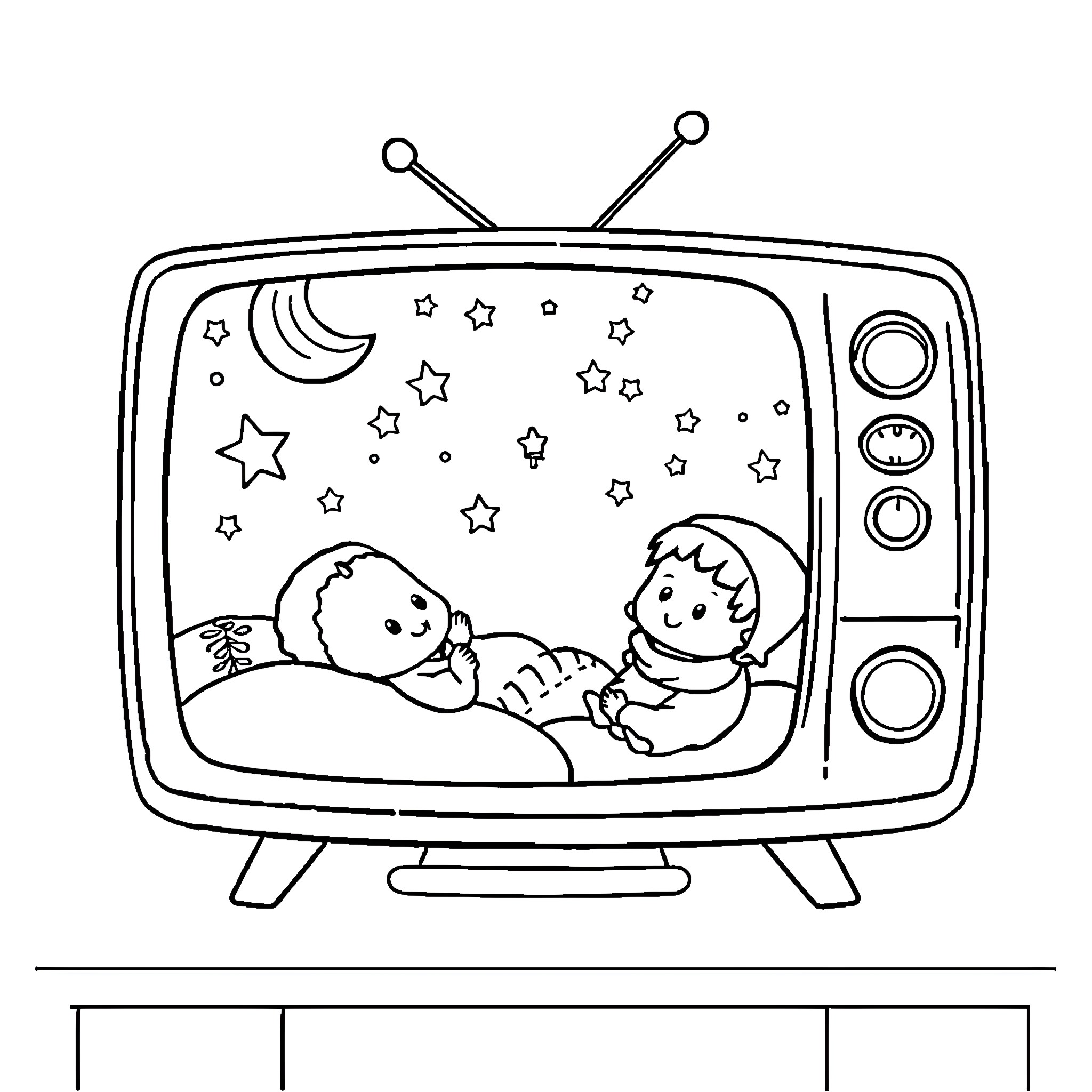 Baby watching a show on an old TV Coloring Page (free black-and-white line drawing printable PDF for all, from beginners to advanced learners, including children, teens, adults, and seniors)