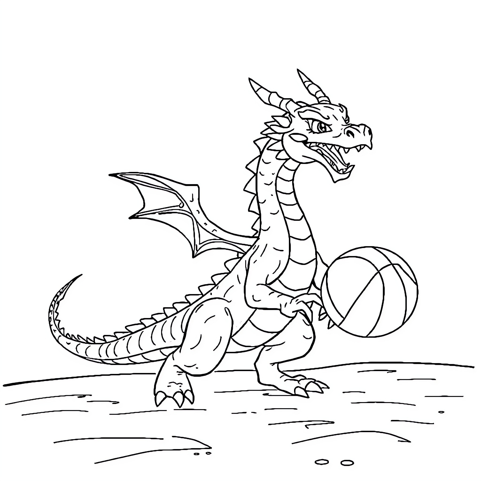 Dragon playing with a ball Coloring Page (free black-and-white line drawing printable PDF for all, from beginners to advanced learners, including children, teens, adults, and seniors)