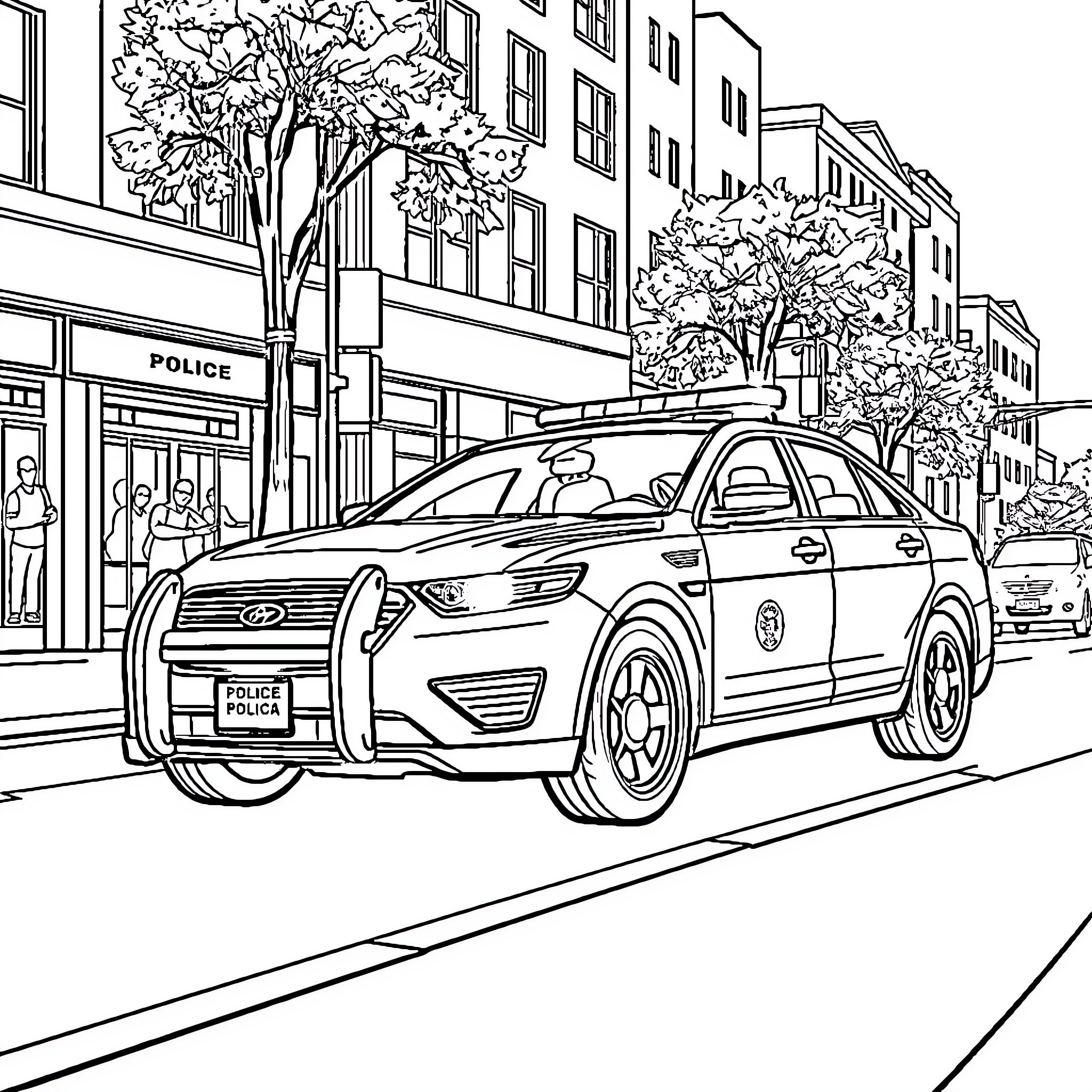 Police Car Responding to Call in Urban Setting Coloring Page (free black-and-white line drawing printable PDF for all, from beginners to advanced learners, including children, teens, adults, and seniors)