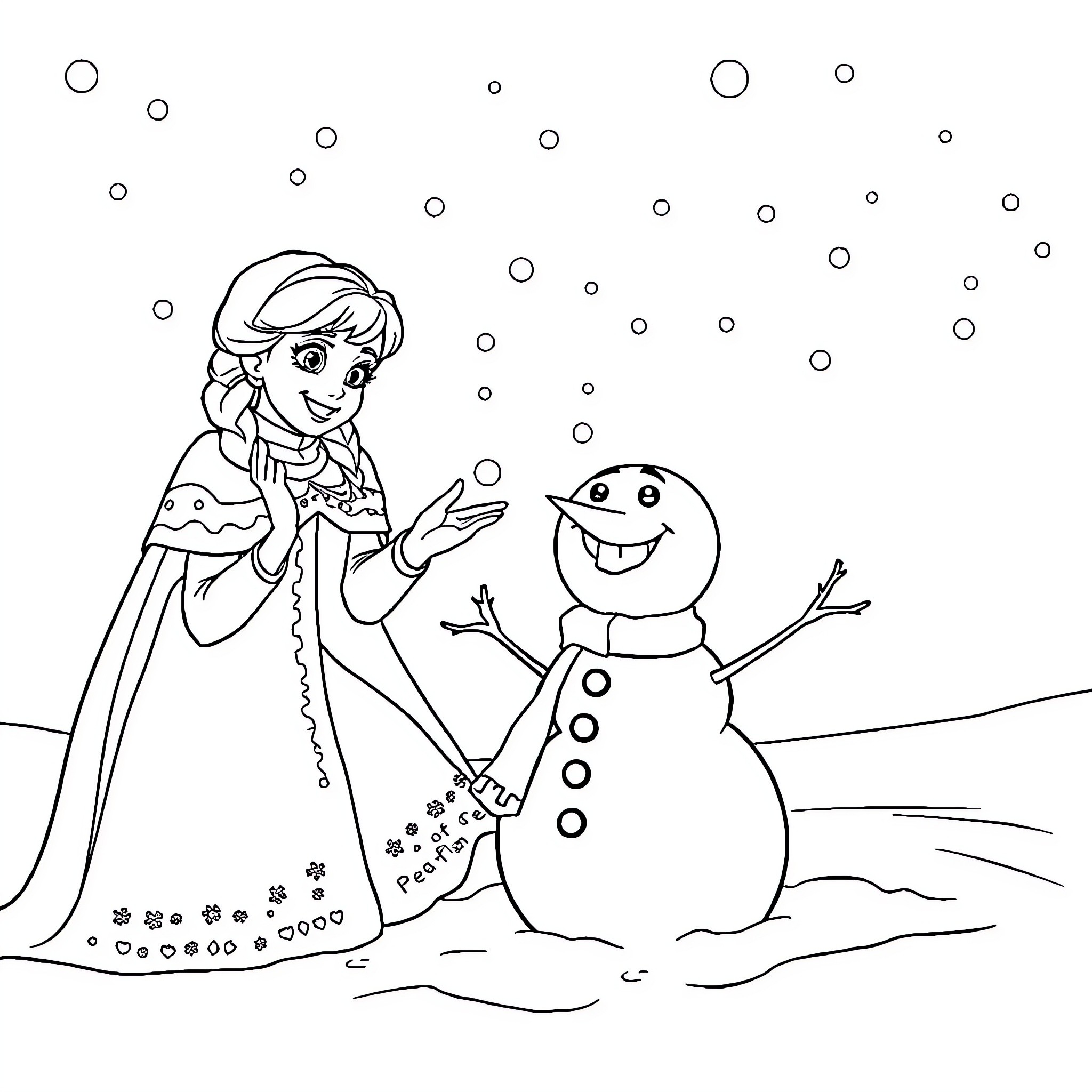 Anna building a snowman with a happy friend Coloring Page (free black-and-white line drawing printable PDF for all, from beginners to advanced learners, including children, teens, adults, and seniors)