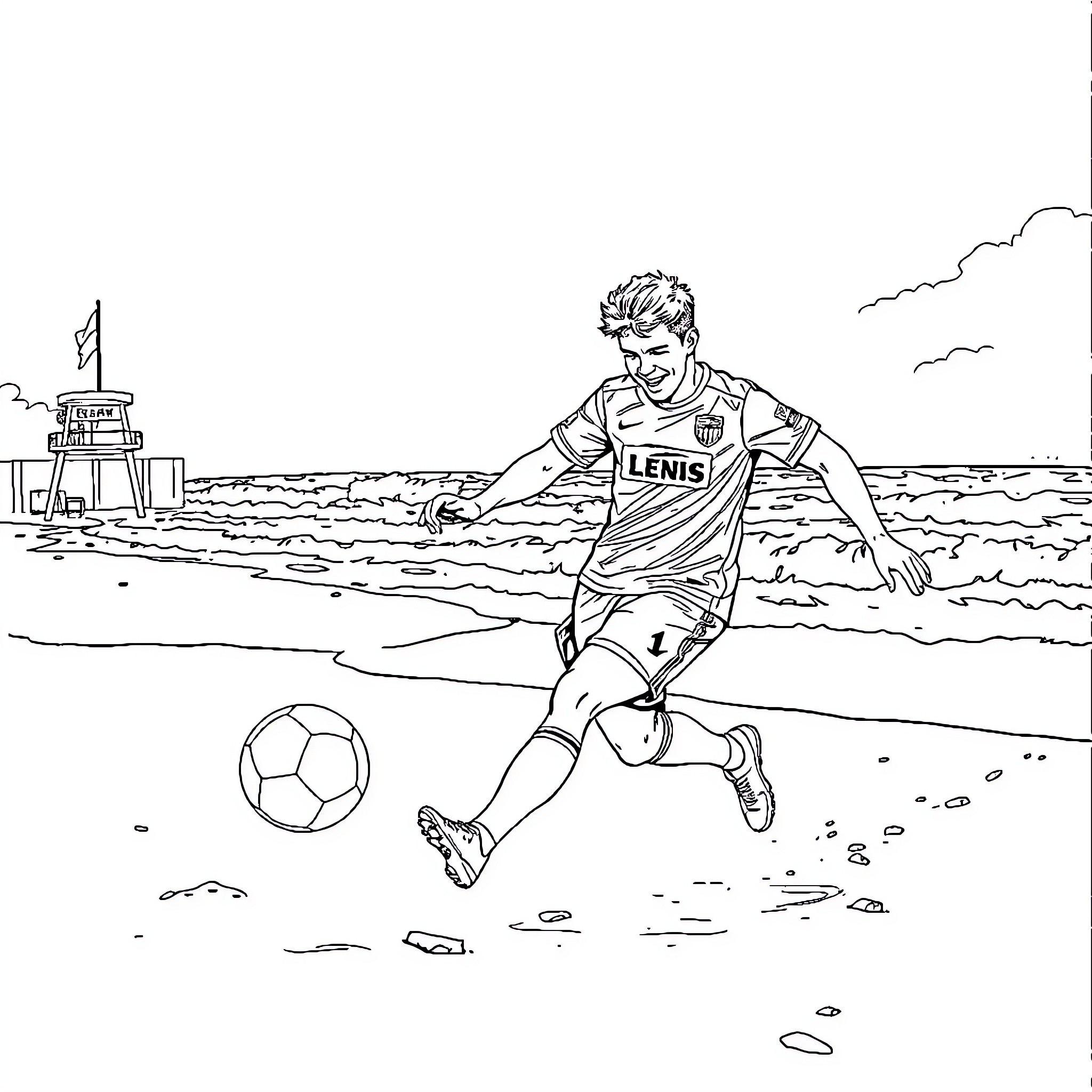Football Player Kicking Ball on Beach Coloring Page (free black-and-white line drawing printable PDF for all, from beginners to advanced learners, including children, teens, adults, and seniors)