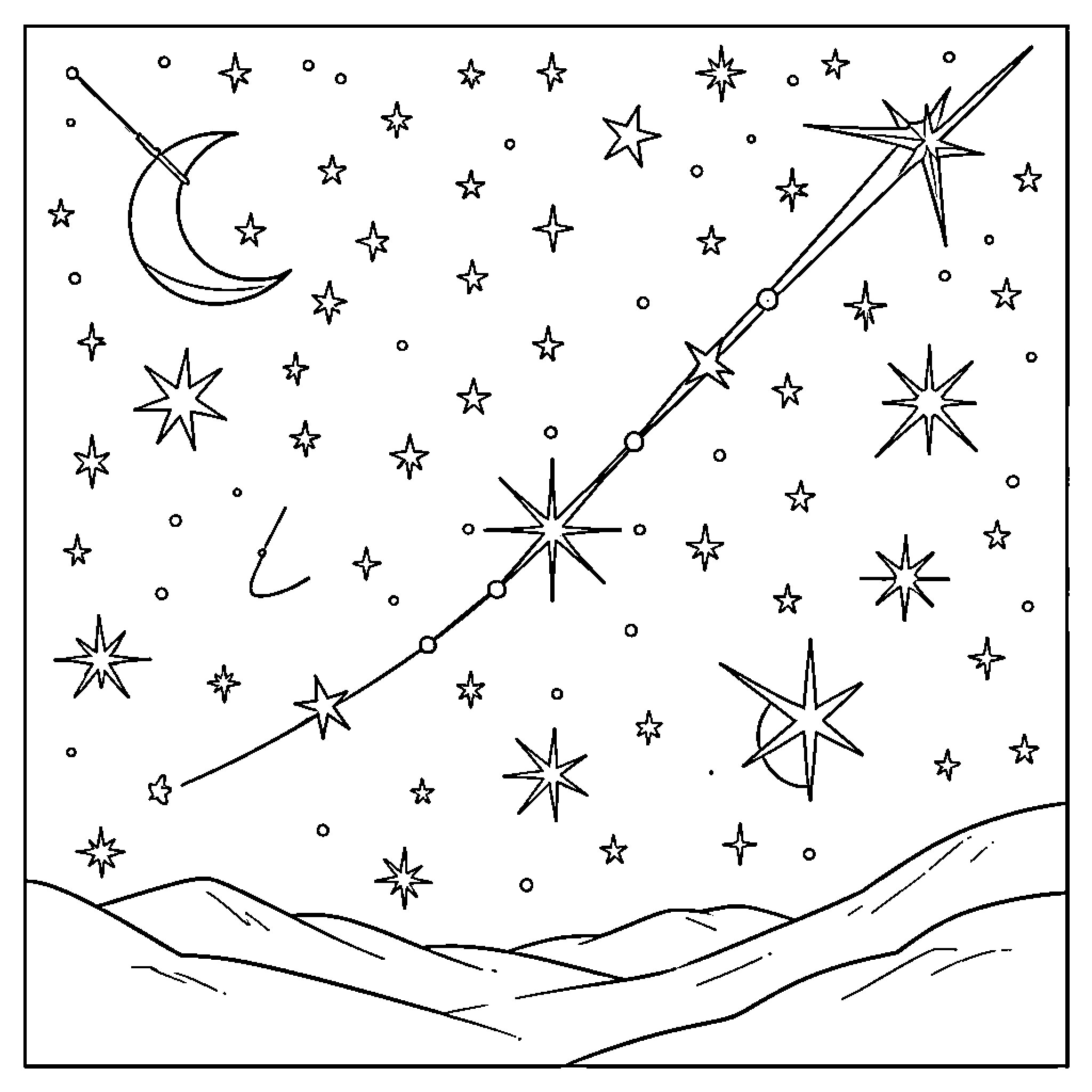 Matariki stars and crescent moon over rolling hills Coloring Page (free black-and-white line drawing printable PDF for all, from beginners to advanced learners, including children, teens, adults, and seniors)