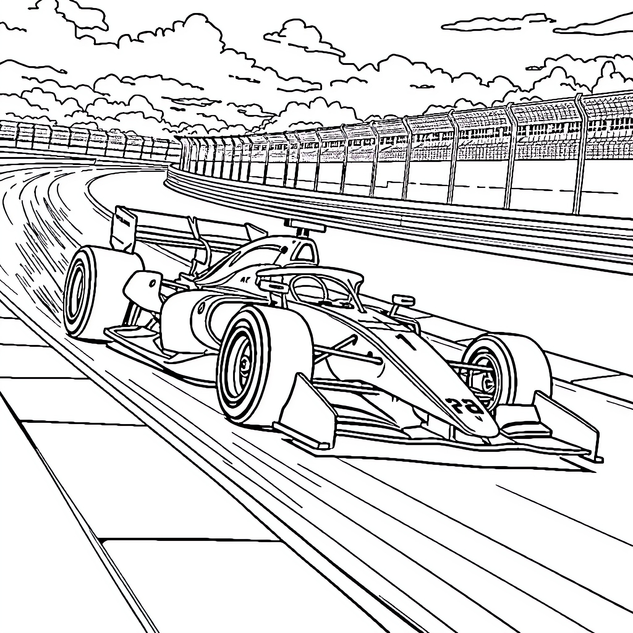 F1 Car Racing on the Track Coloring Page (free black-and-white line drawing printable PDF for all, from beginners to advanced learners, including children, teens, adults, and seniors)