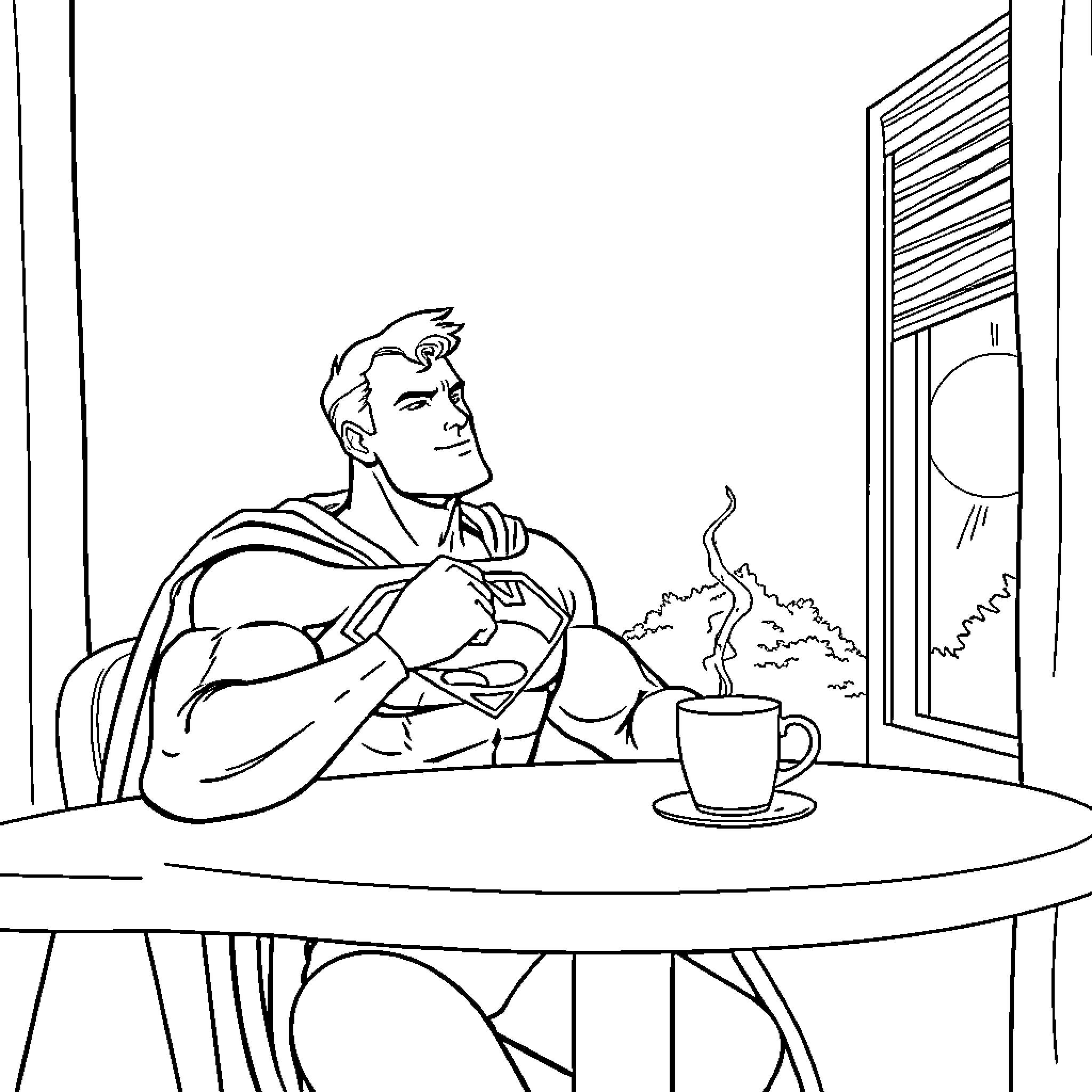 Superman relaxing with a hot drink by the window Coloring Page (free black-and-white line drawing printable PDF for all, from beginners to advanced learners, including children, teens, adults, and seniors)