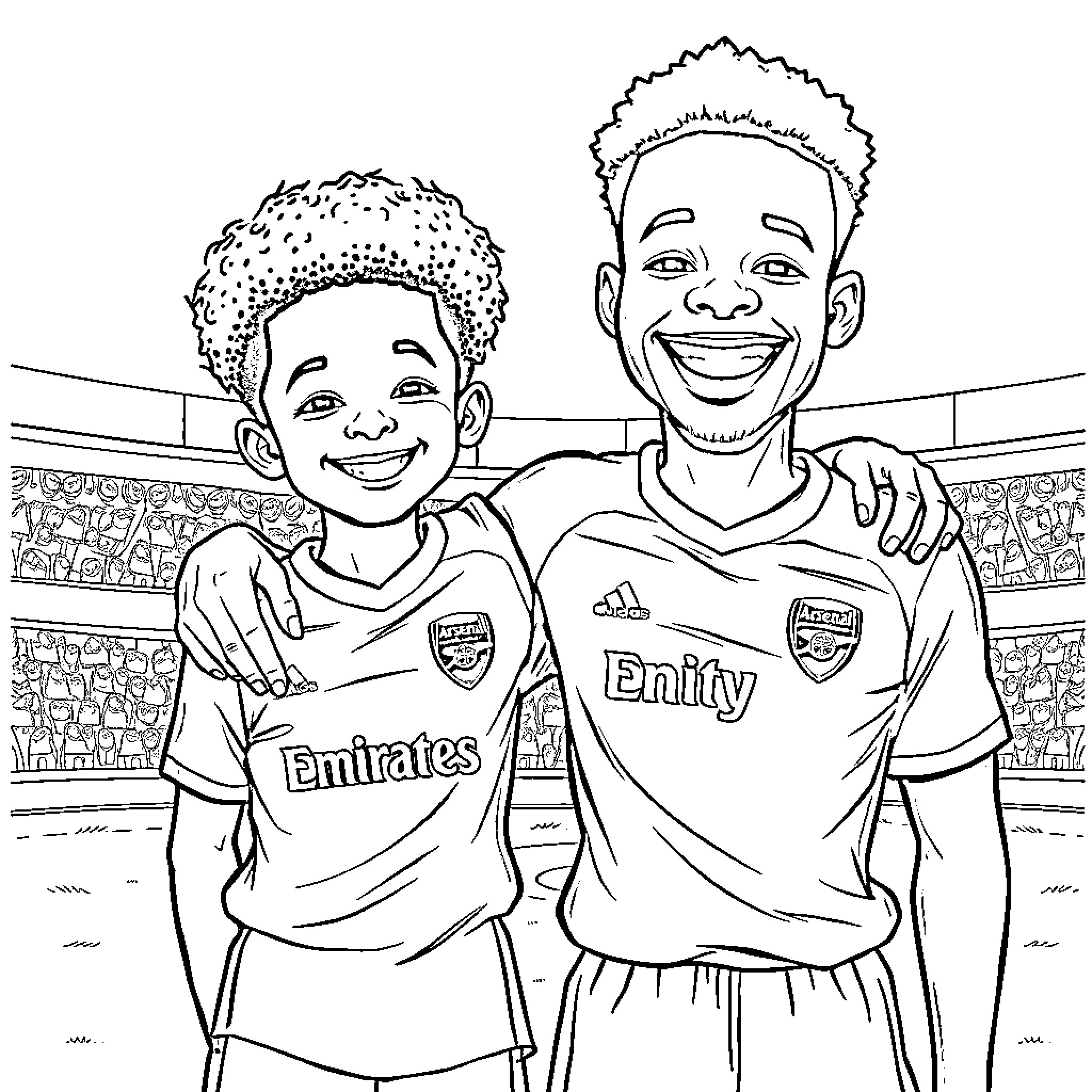 Kid soccer players smiling and posing together Coloring Page (free black-and-white line drawing printable PDF for all, from beginners to advanced learners, including children, teens, adults, and seniors)