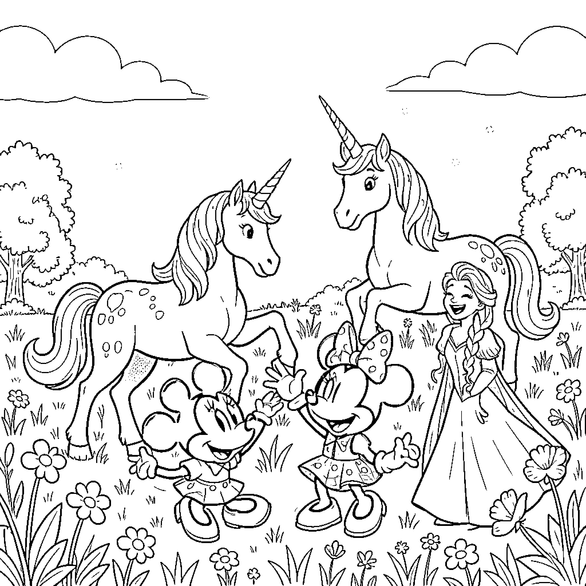 Unicorn Encounter in a Magical Meadow Coloring Page (free black-and-white line drawing printable PDF for all, from beginners to advanced learners, including children, teens, adults, and seniors)
