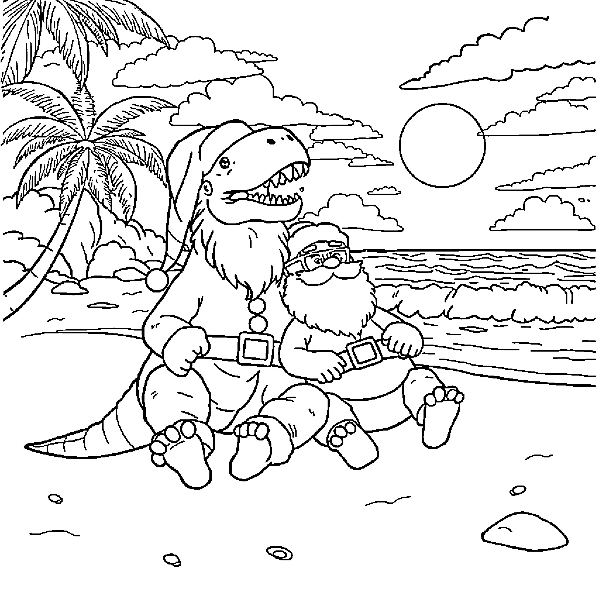 Dinosaur relaxing on the beach Coloring Page (free black-and-white line drawing printable PDF for all, from beginners to advanced learners, including children, teens, adults, and seniors)