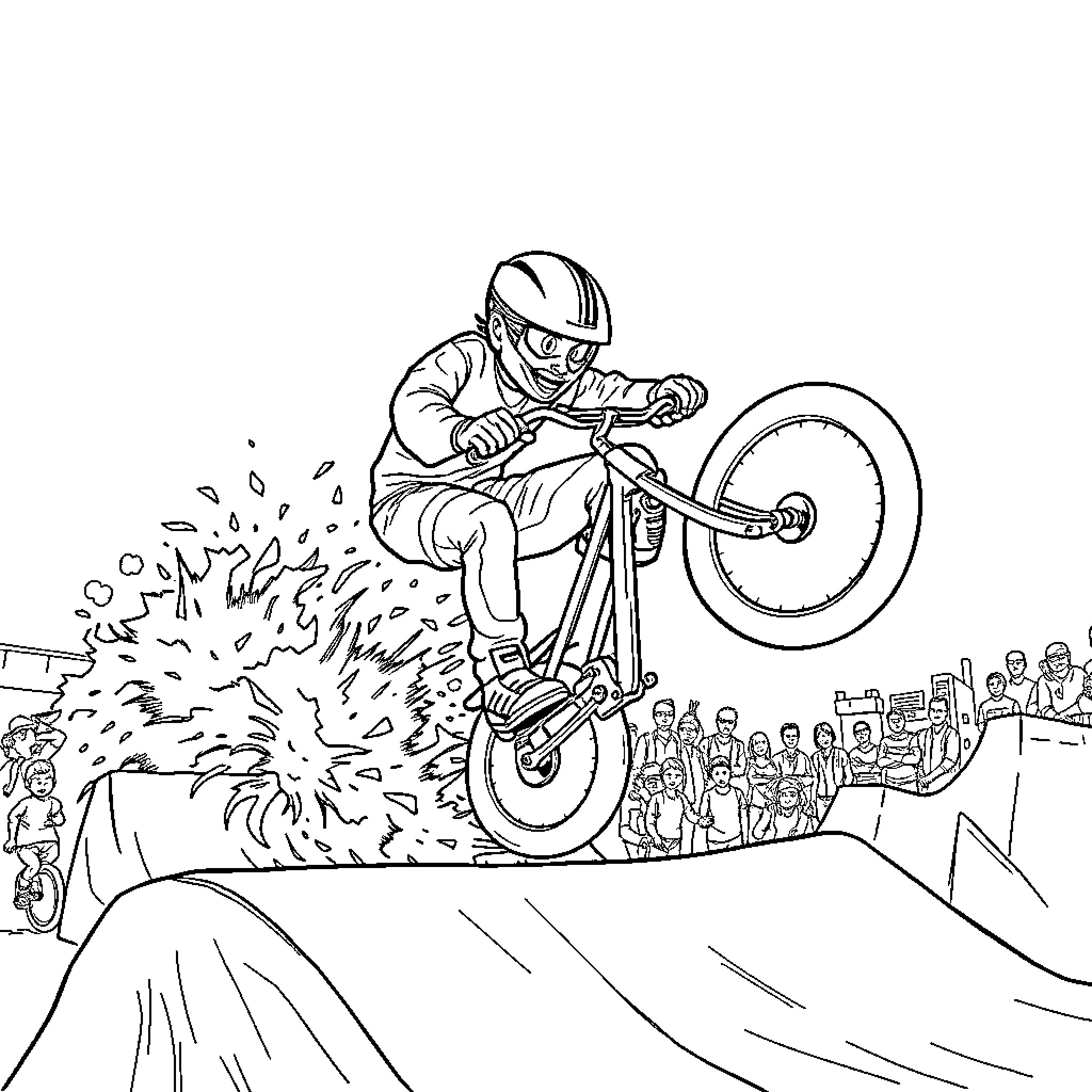 Pickle Stunt Performer Jumping Over Obstacle Coloring Page (free black-and-white line drawing printable PDF for all, from beginners to advanced learners, including children, teens, adults, and seniors)
