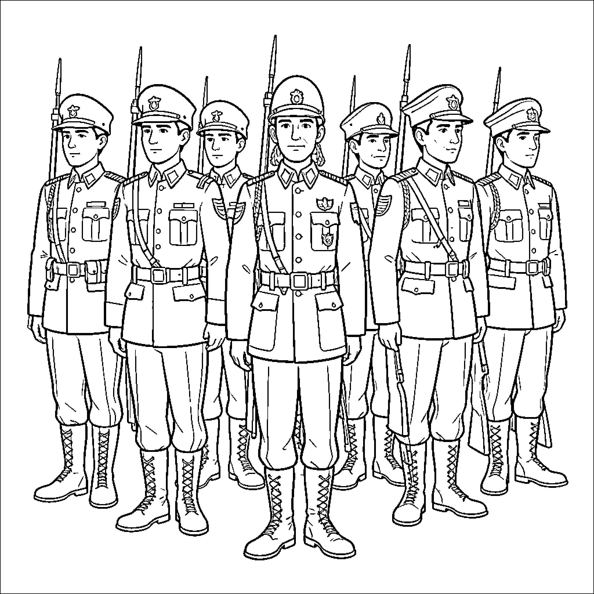 Military soldiers standing in a formal line formation Coloring Page (free black-and-white line drawing printable PDF for all, from beginners to advanced learners, including children, teens, adults, and seniors)