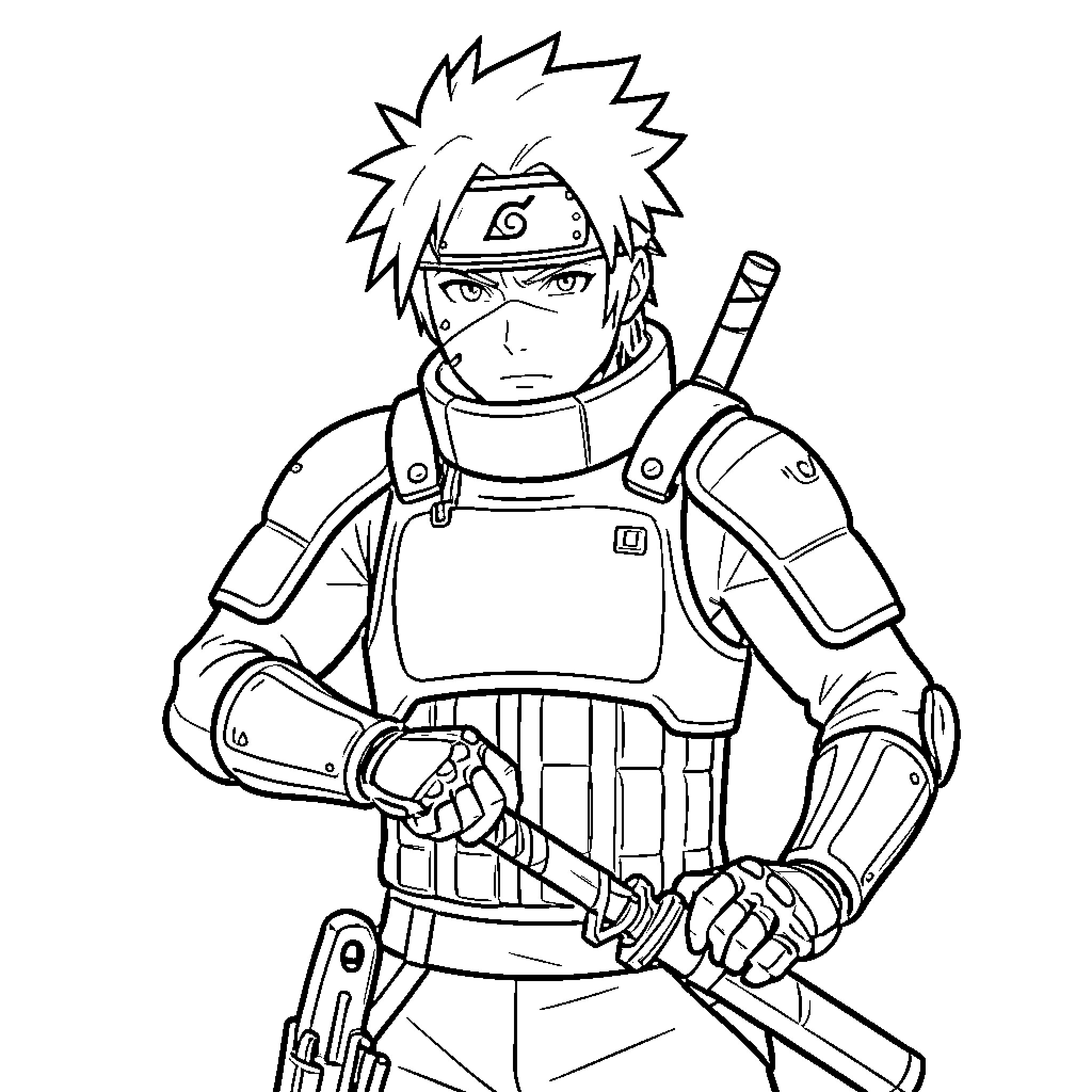 Kakashi standing ready with a sword in hand Coloring Page (free black-and-white line drawing printable PDF for all, from beginners to advanced learners, including children, teens, adults, and seniors)