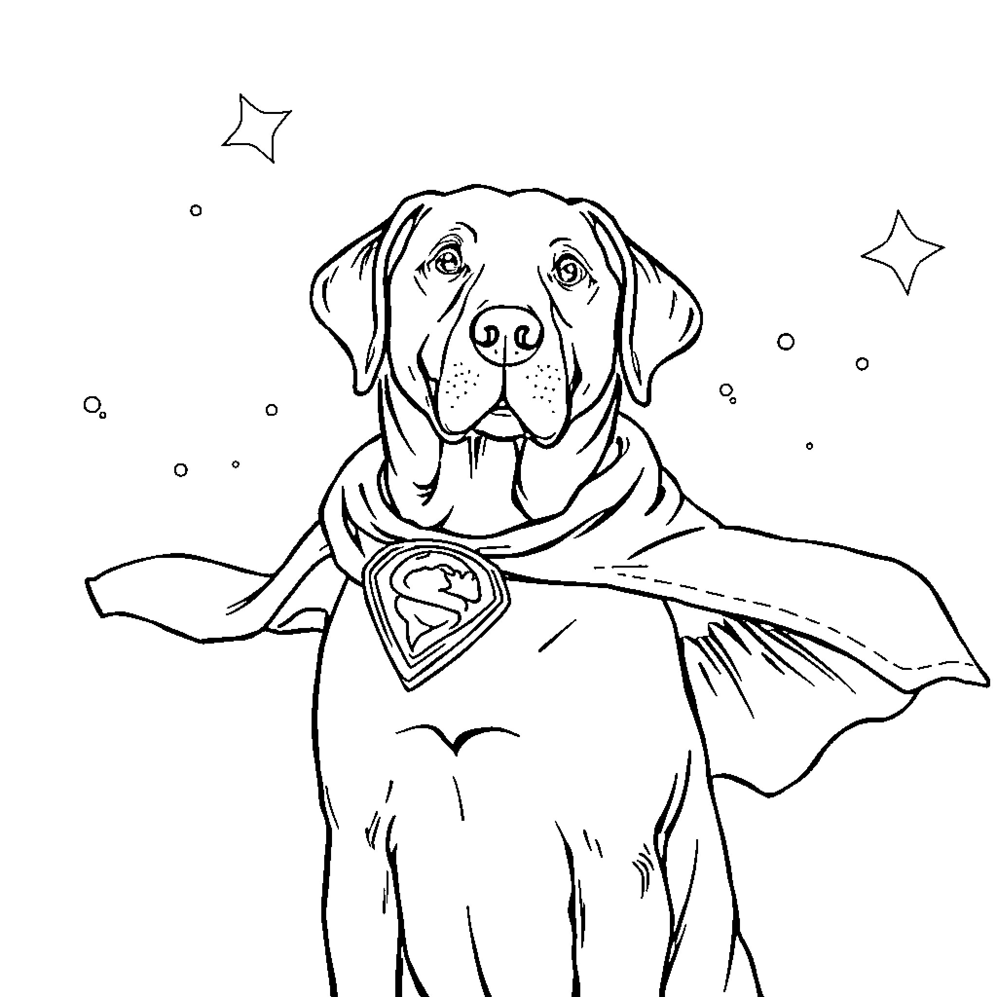 Dog dressed as superhero with cape and stars Coloring Page (free black-and-white line drawing printable PDF for all, from beginners to advanced learners, including children, teens, adults, and seniors)
