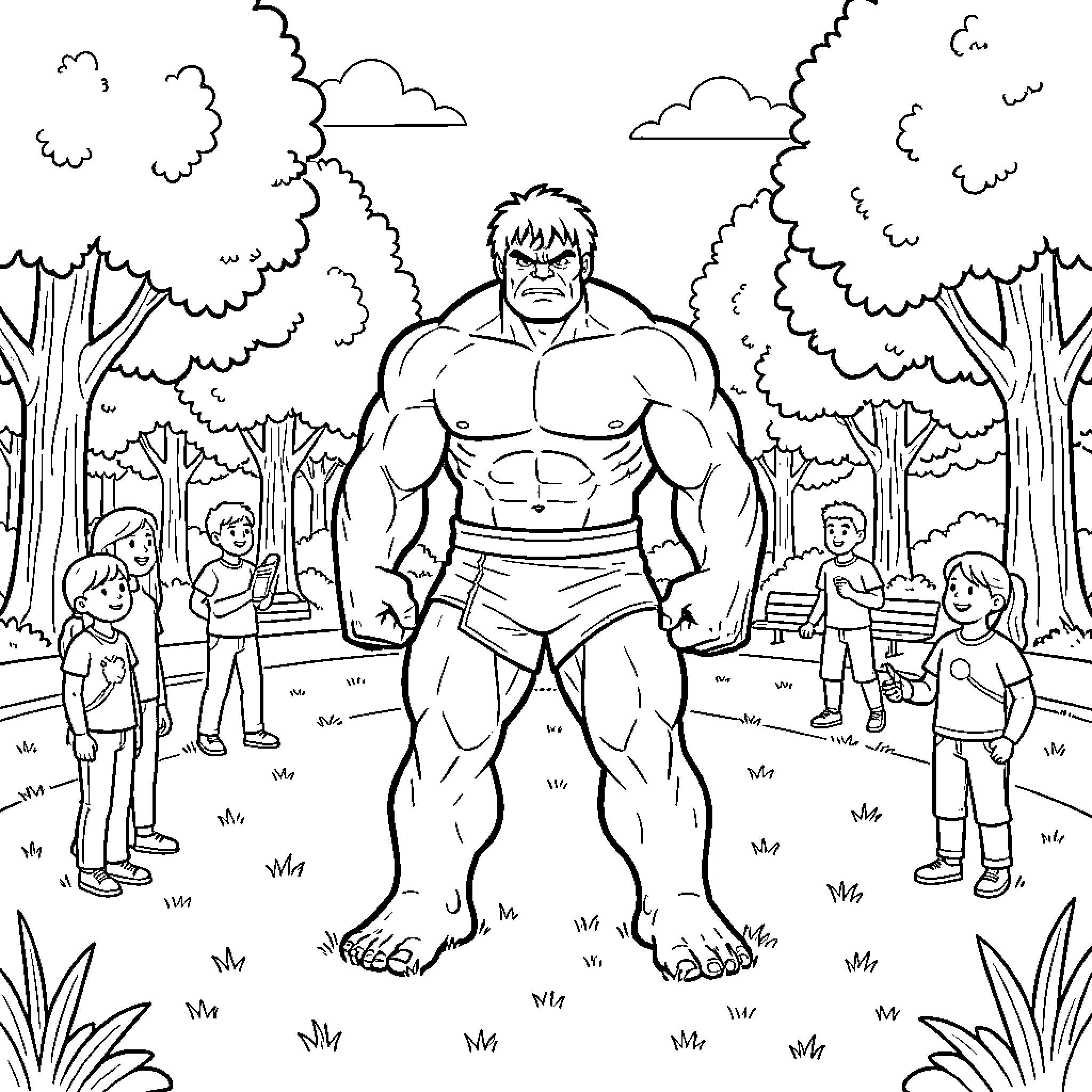 Hulk standing tall among small children in a park Coloring Page (free black-and-white line drawing printable PDF for all, from beginners to advanced learners, including children, teens, adults, and seniors)