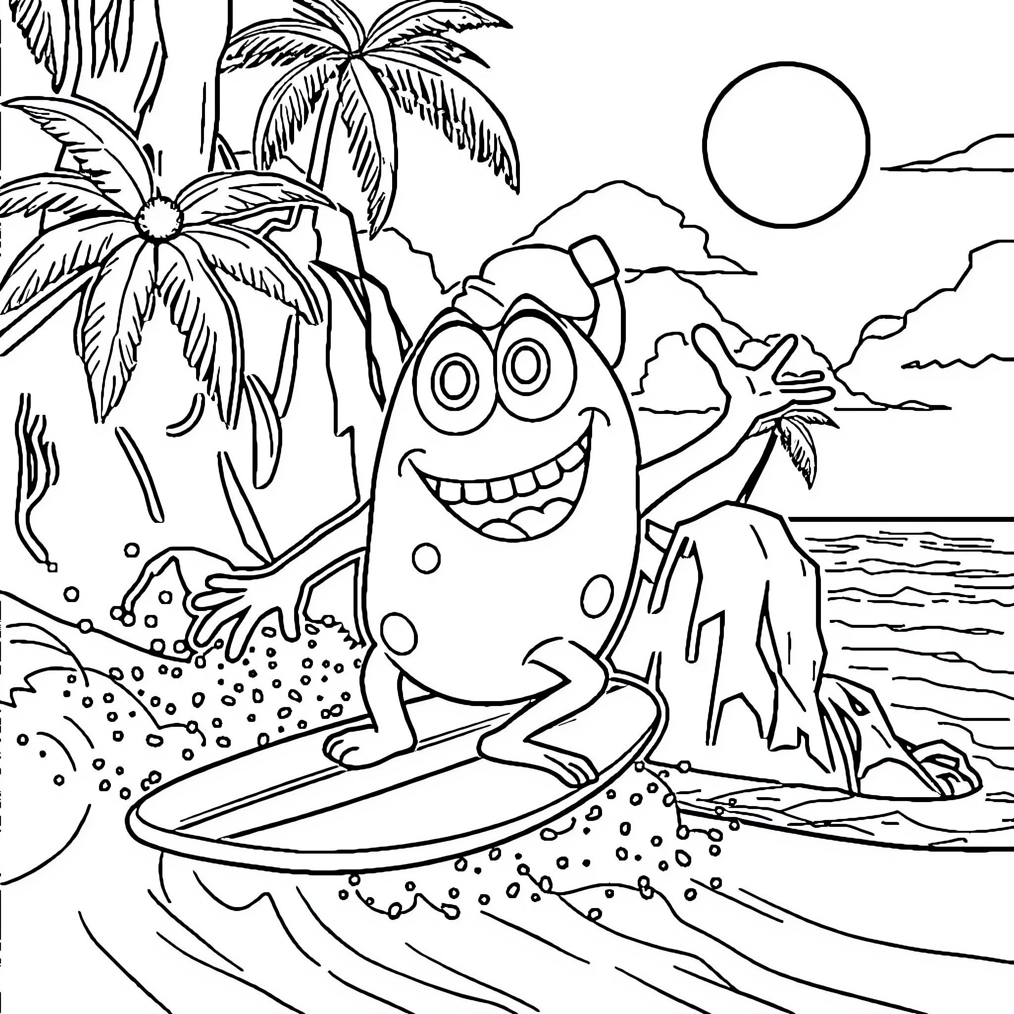 Mike Wazowski surfing on the beach with palm trees Coloring Page (free black-and-white line drawing printable PDF for all, from beginners to advanced learners, including children, teens, adults, and seniors)