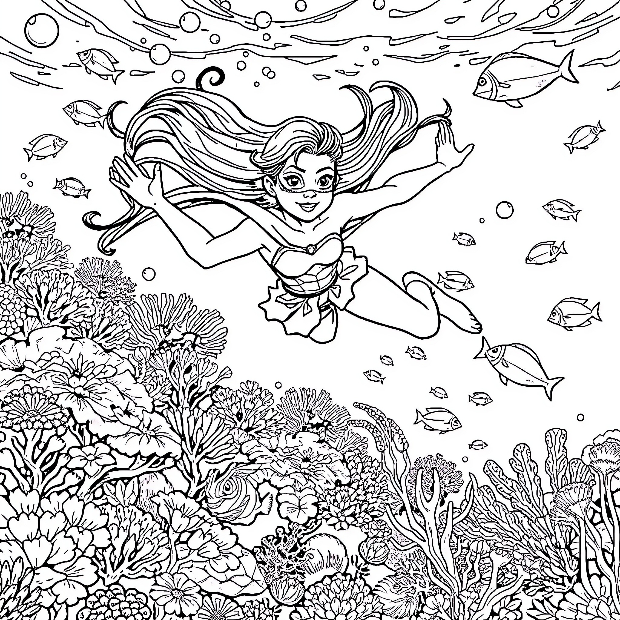 Superhero Mermaid Exploring Vibrant Underwater Coral Reef Coloring Page (free black-and-white line drawing printable PDF for all, from beginners to advanced learners, including children, teens, adults, and seniors)