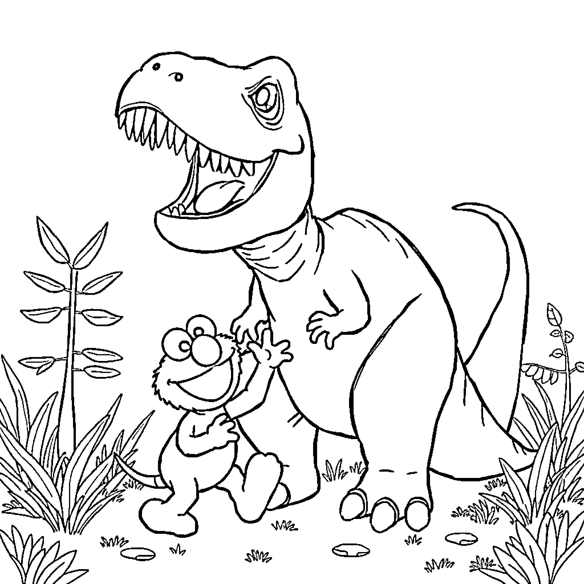 Elmo exploring the prehistoric wilderness with a dinosaur Coloring Page (free black-and-white line drawing printable PDF for all, from beginners to advanced learners, including children, teens, adults, and seniors)