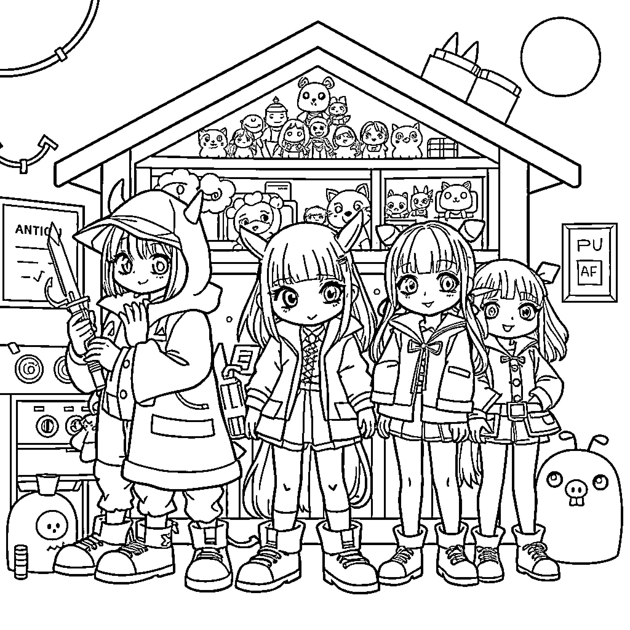 K-POP Demon Hunters Defend Their Cozy Clubhouse Coloring Page (free black-and-white line drawing printable PDF for all, from beginners to advanced learners, including children, teens, adults, and seniors)