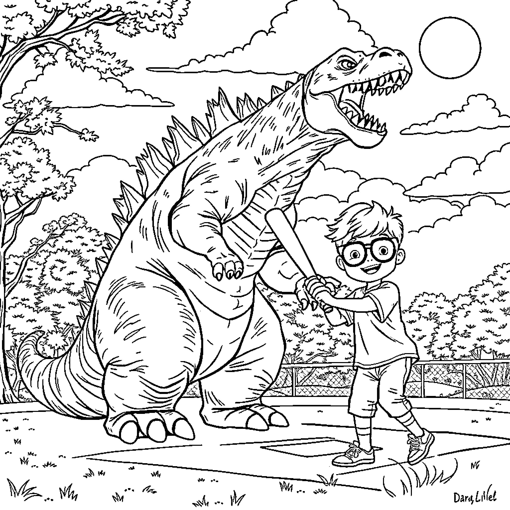 Godzilla encounters curious child in the forest Coloring Page (free black-and-white line drawing printable PDF for all, from beginners to advanced learners, including children, teens, adults, and seniors)